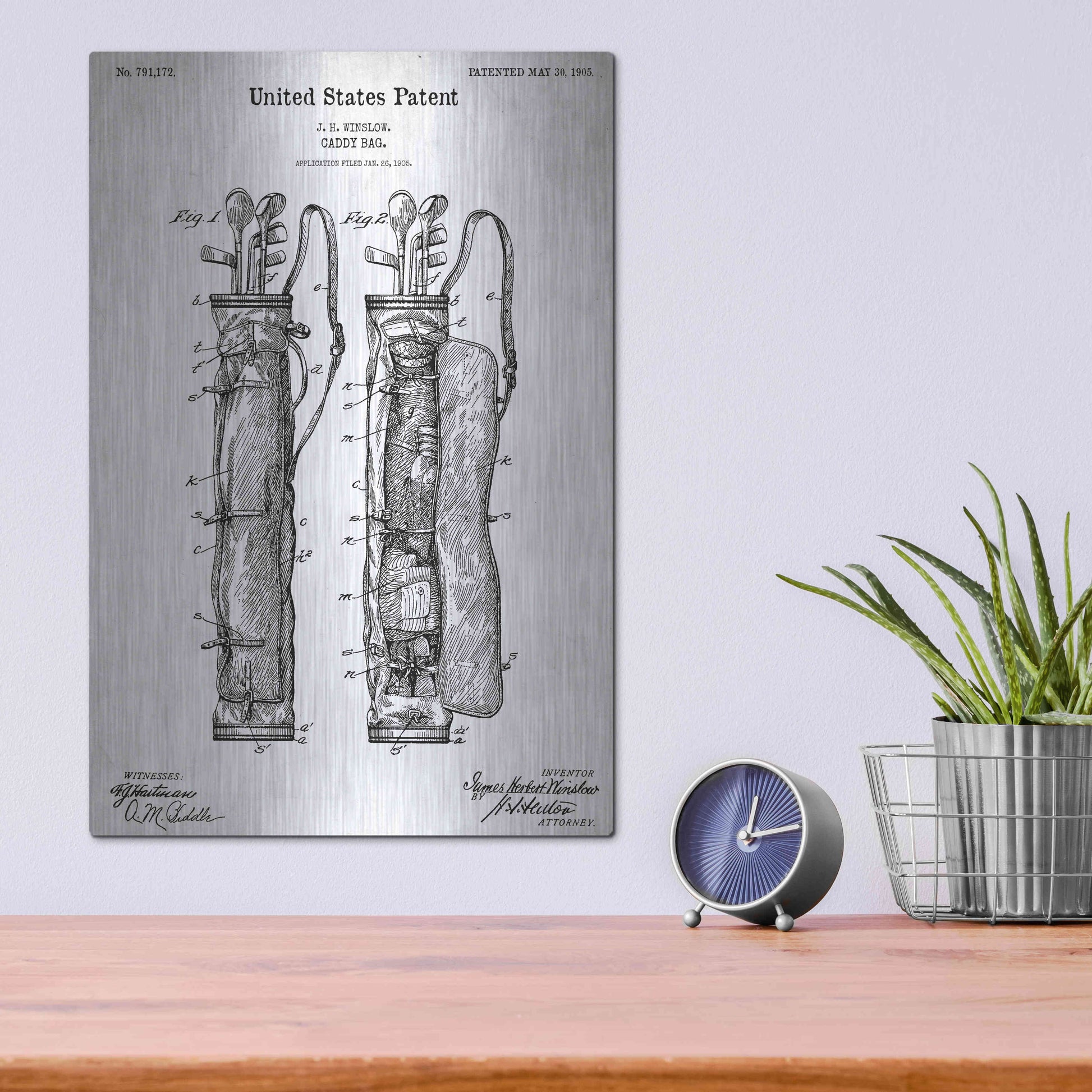 Luxe Metal Art 'Golf Bag Caddy Vintage Blueprint Patent White' Acrylic Glass Wall Art,12x16