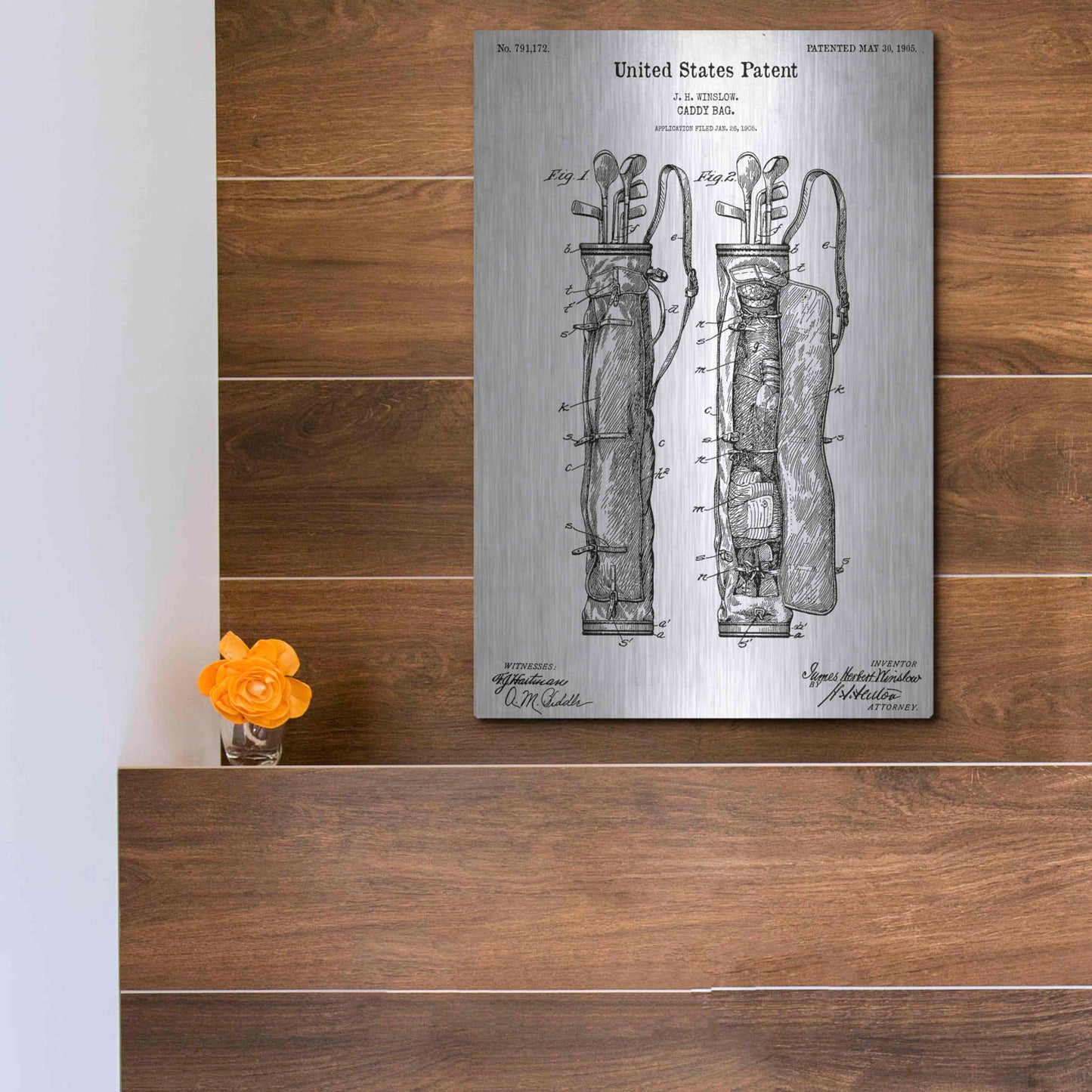 Luxe Metal Art 'Golf Bag Caddy Vintage Blueprint Patent White' Acrylic Glass Wall Art,12x16