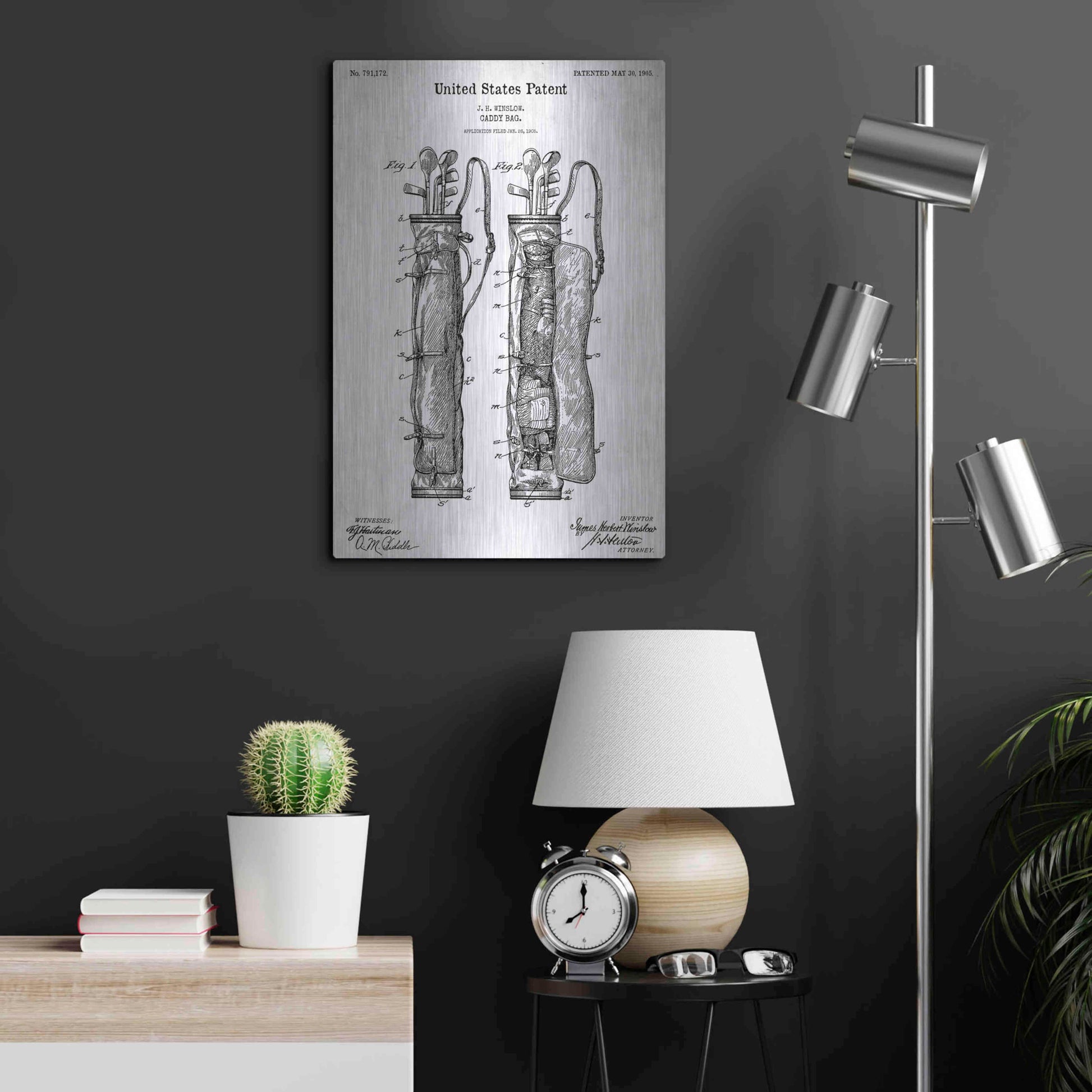 Luxe Metal Art 'Golf Bag Caddy Vintage Blueprint Patent White' Acrylic Glass Wall Art,16x24