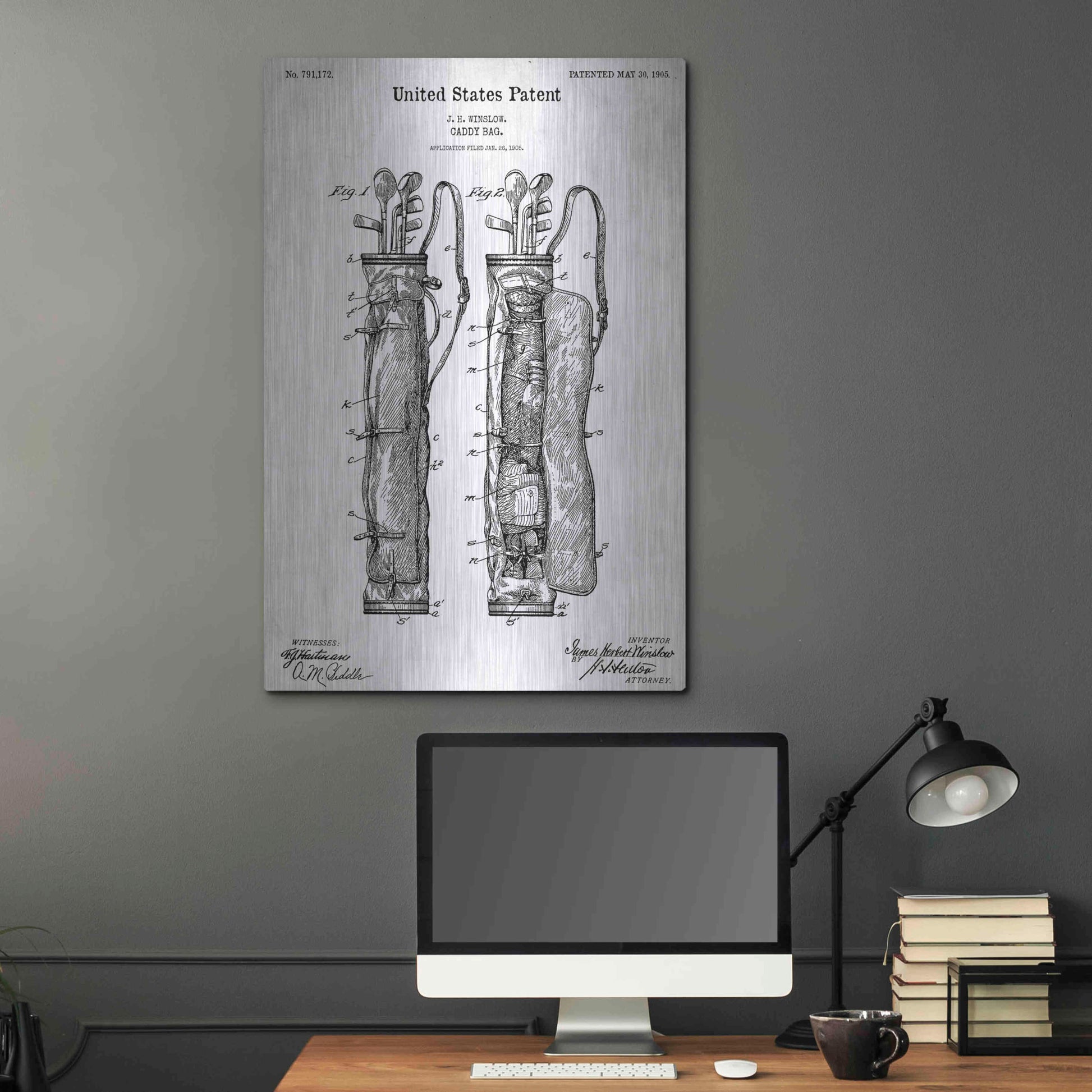 Luxe Metal Art 'Golf Bag Caddy Vintage Blueprint Patent White' Acrylic Glass Wall Art,24x36