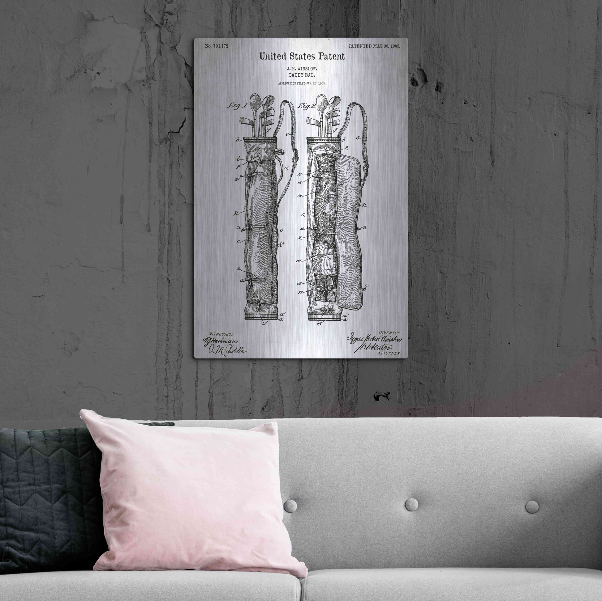 Luxe Metal Art 'Golf Bag Caddy Vintage Blueprint Patent White' Acrylic Glass Wall Art,24x36