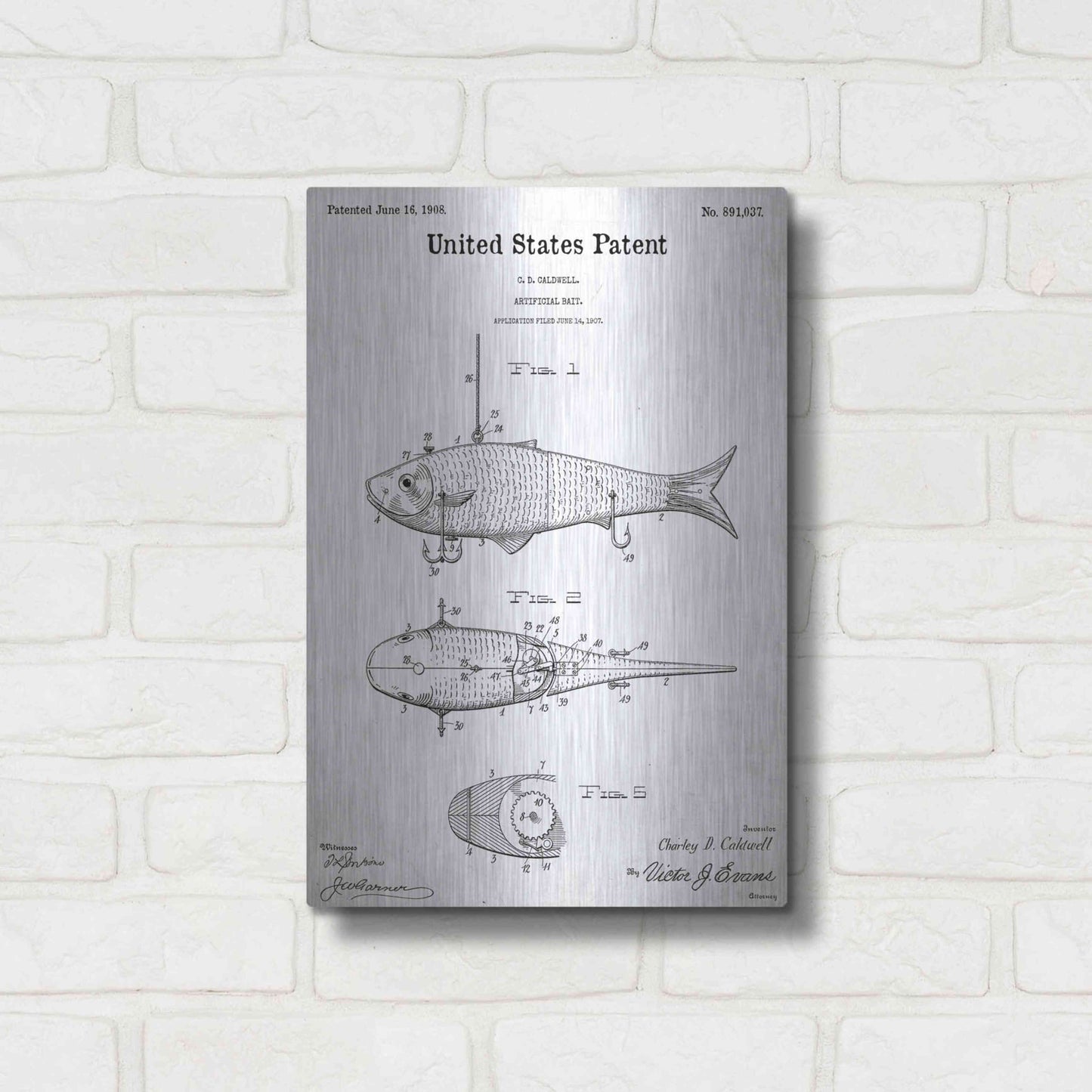 Luxe Metal Art 'Fish Bait Blueprint Patent White' Acrylic Glass Wall Art,12x16