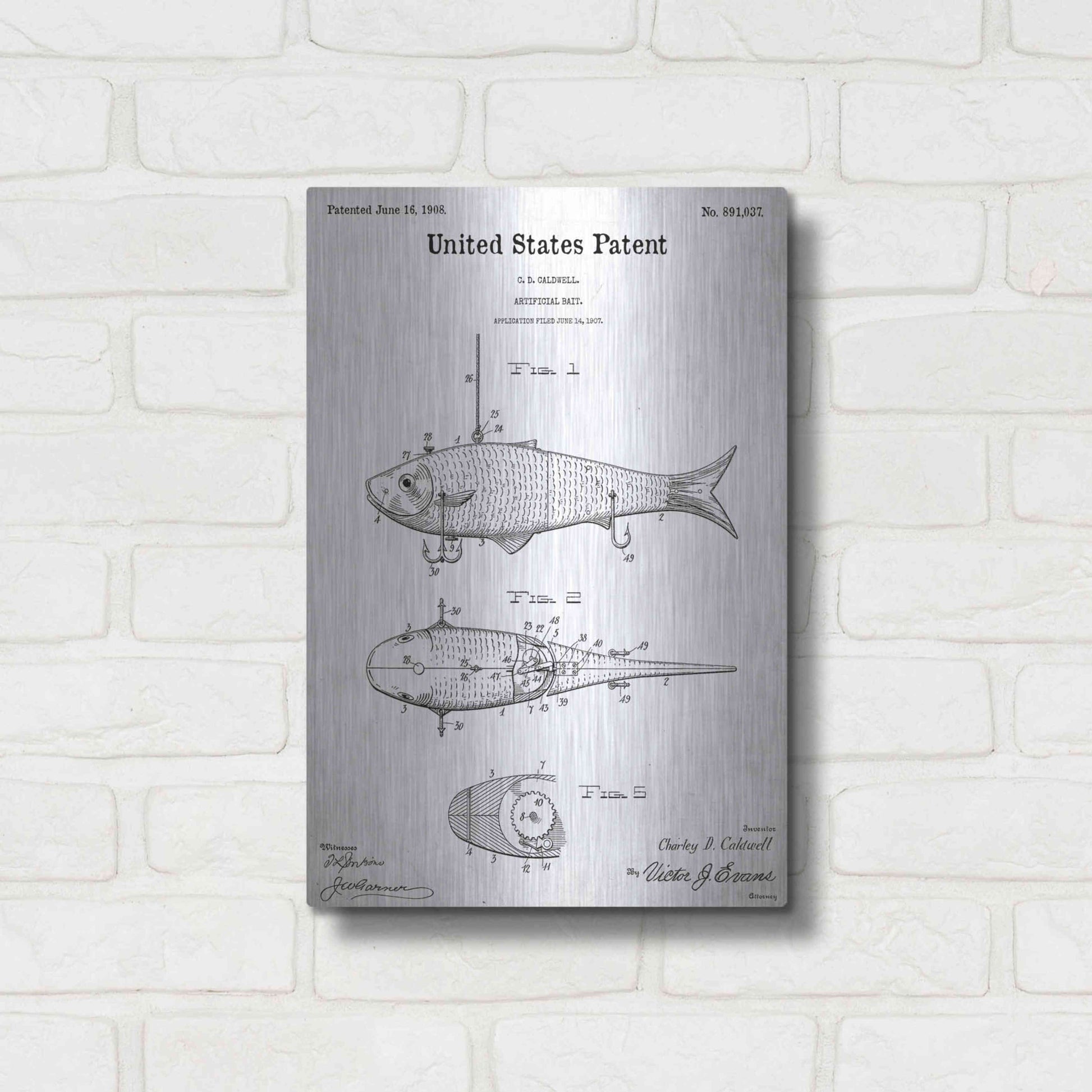 Luxe Metal Art 'Fish Bait Blueprint Patent White' Acrylic Glass Wall Art,12x16