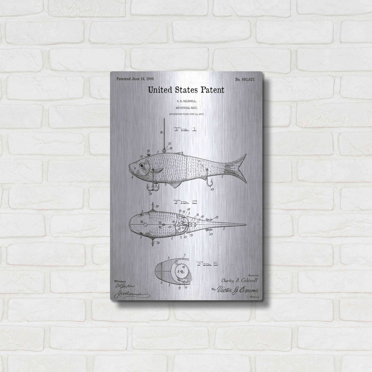 Luxe Metal Art 'Fish Bait Blueprint Patent White' Acrylic Glass Wall Art,16x24