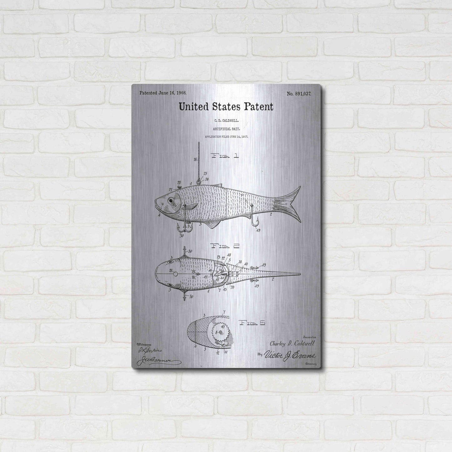 Luxe Metal Art 'Fish Bait Blueprint Patent White' Acrylic Glass Wall Art,24x36