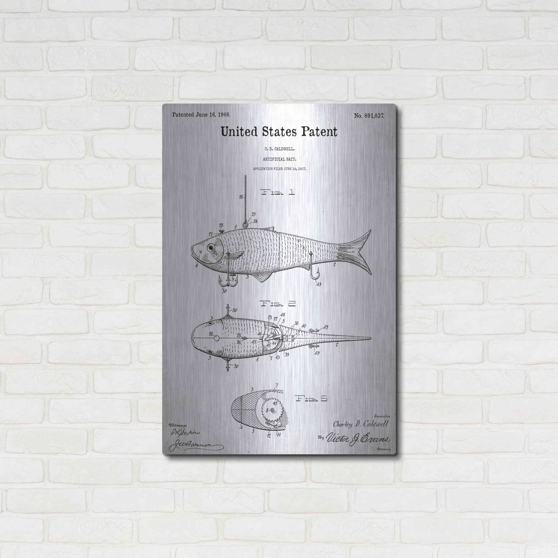 Luxe Metal Art 'Fish Bait Blueprint Patent White' Acrylic Glass Wall Art,24x36