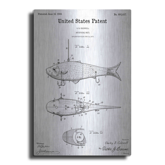 Luxe Metal Art 'Fish Bait Blueprint Patent White' Acrylic Glass Wall Art