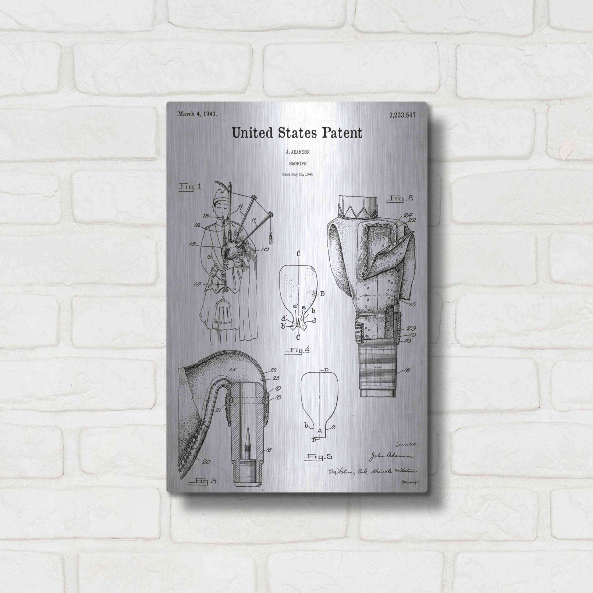 Luxe Metal Art 'Bagpipe Blueprint Patent White' Acrylic Glass Wall Art,12x16