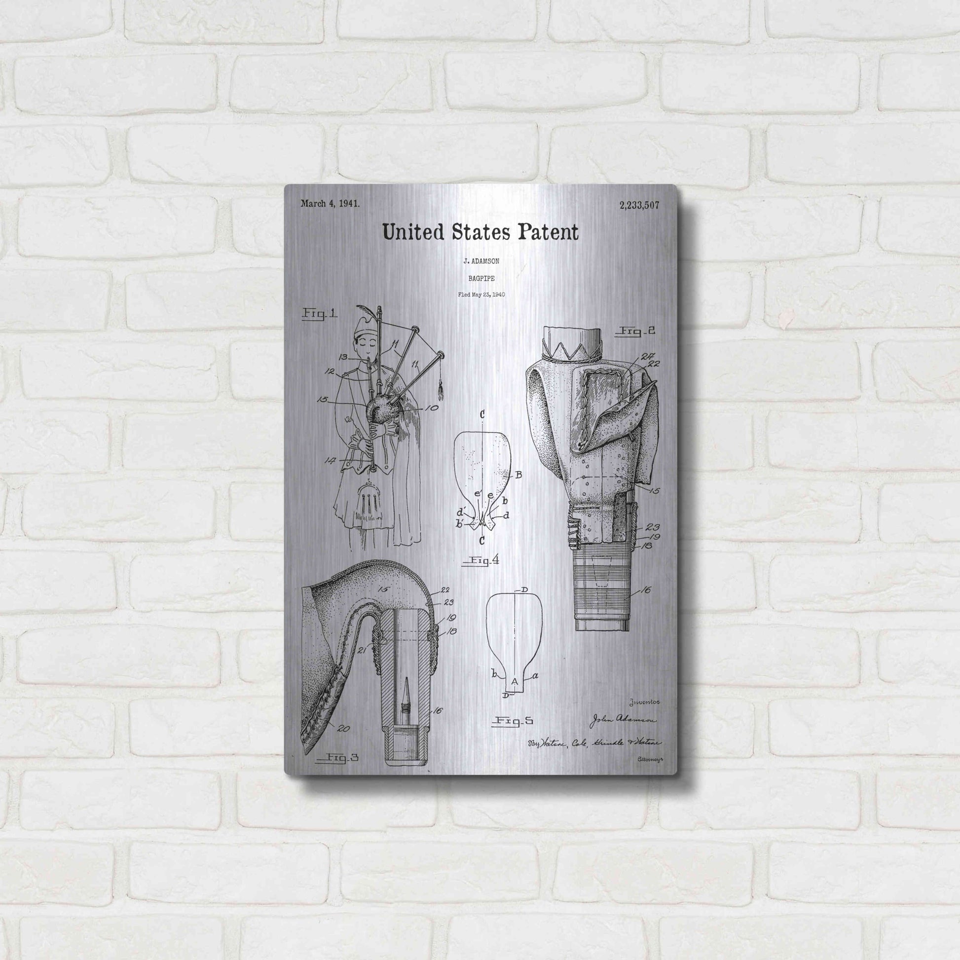 Luxe Metal Art 'Bagpipe Blueprint Patent White' Acrylic Glass Wall Art,16x24