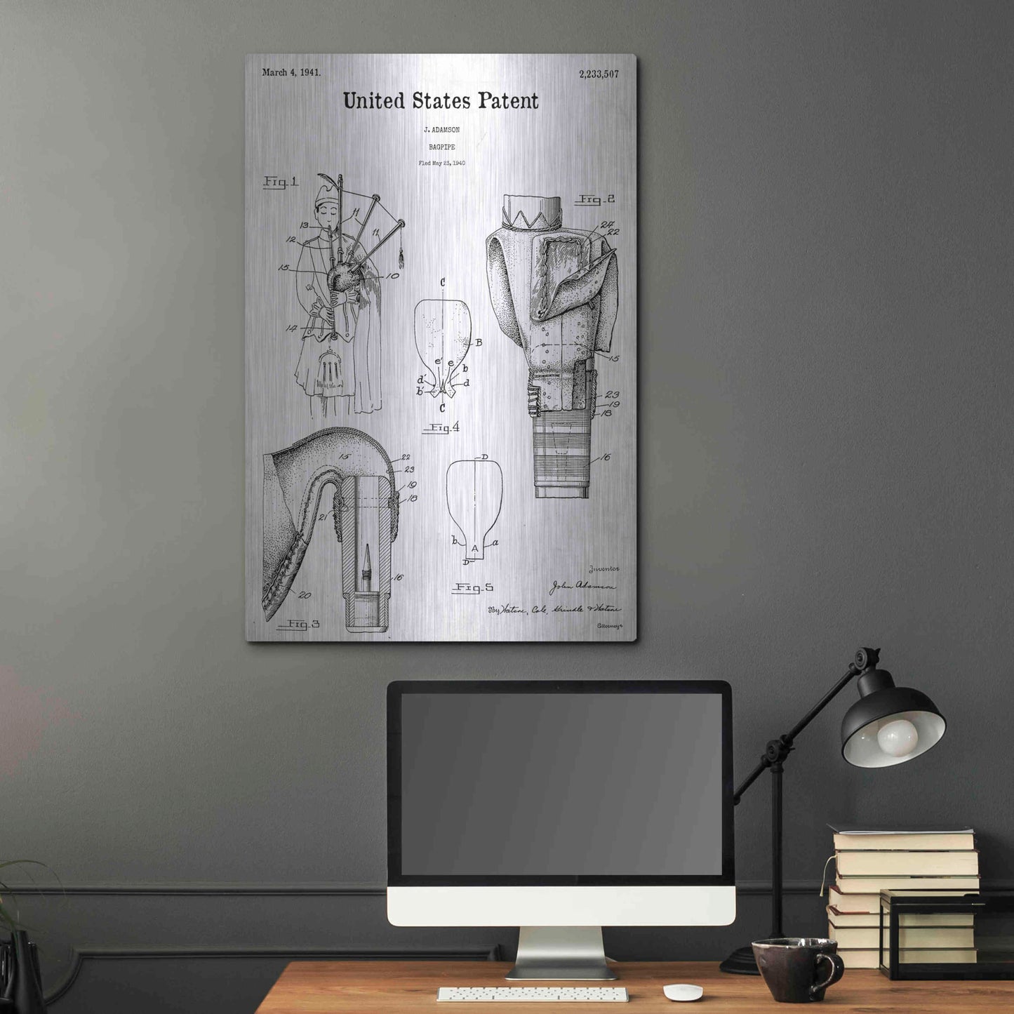 Luxe Metal Art 'Bagpipe Blueprint Patent White' Acrylic Glass Wall Art,24x36