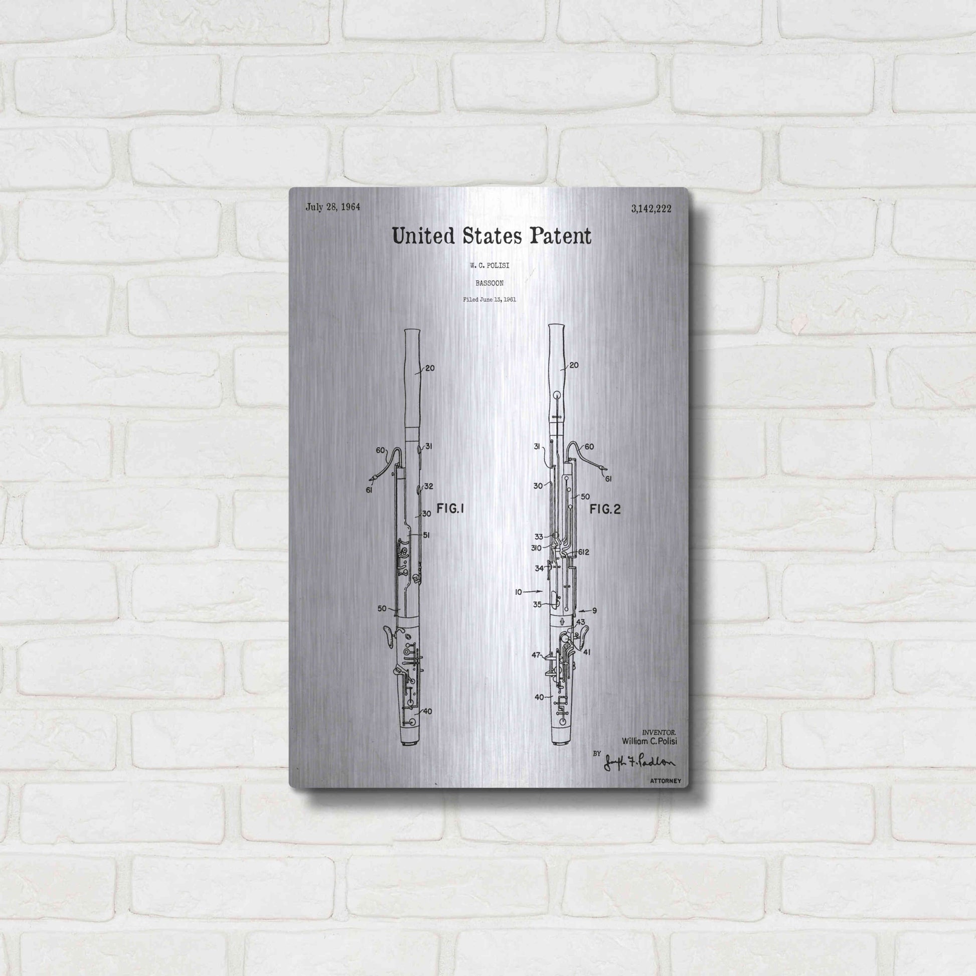 Luxe Metal Art 'Bassoon Blueprint Patent White' Acrylic Glass Wall Art,16x24