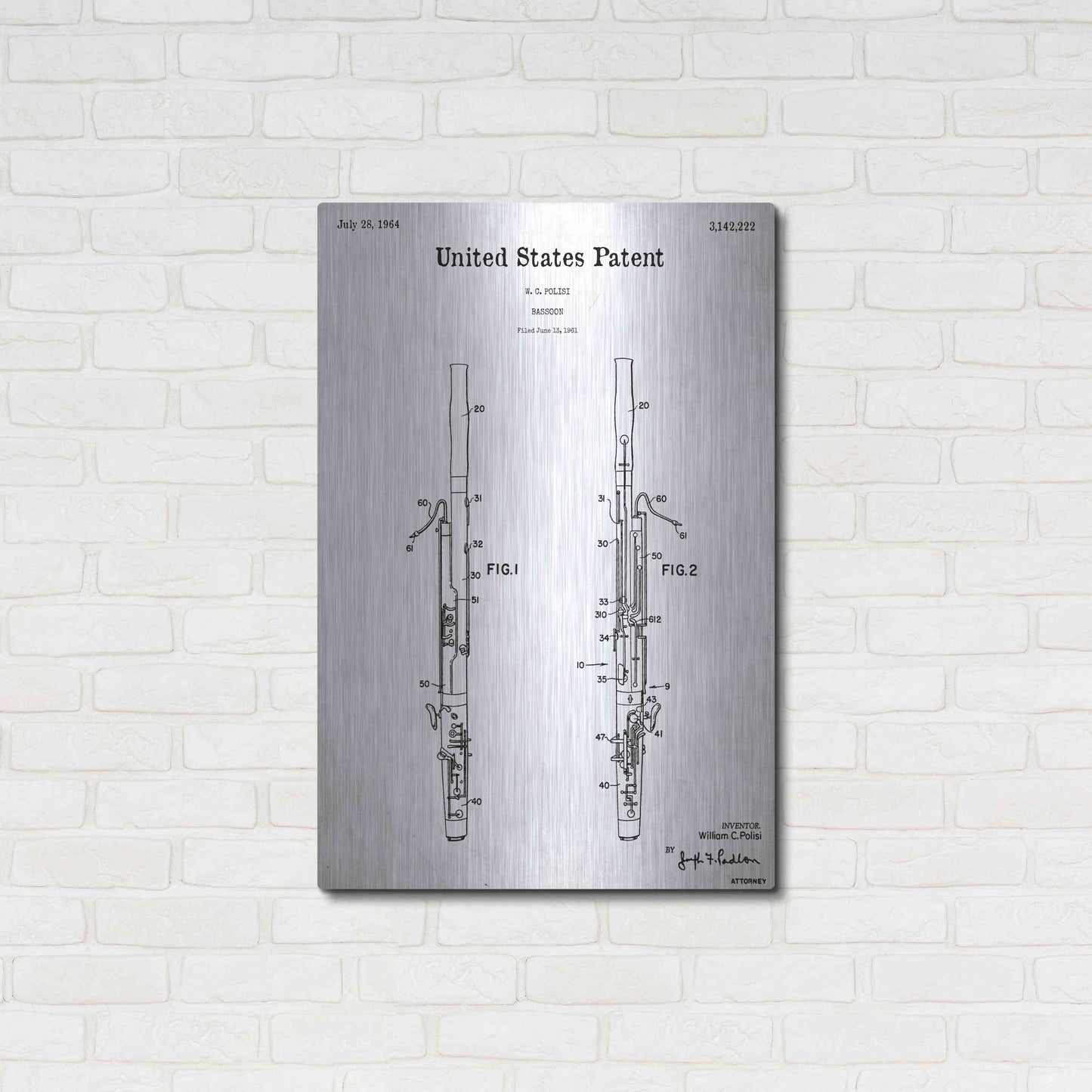 Luxe Metal Art 'Bassoon Blueprint Patent White' Acrylic Glass Wall Art,24x36