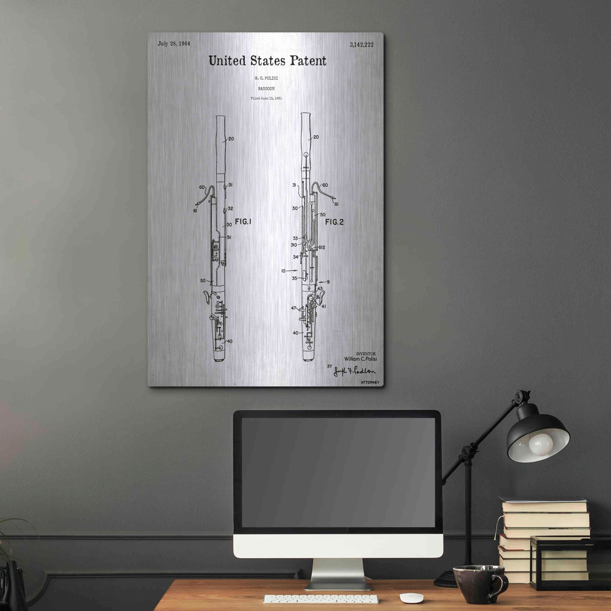 Luxe Metal Art 'Bassoon Blueprint Patent White' Acrylic Glass Wall Art,24x36