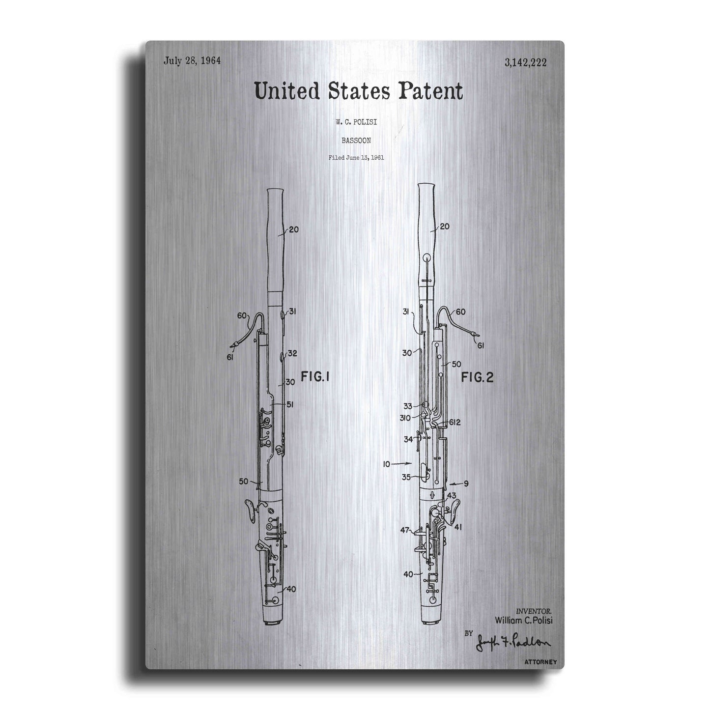 Luxe Metal Art 'Bassoon Blueprint Patent White' Acrylic Glass Wall Art