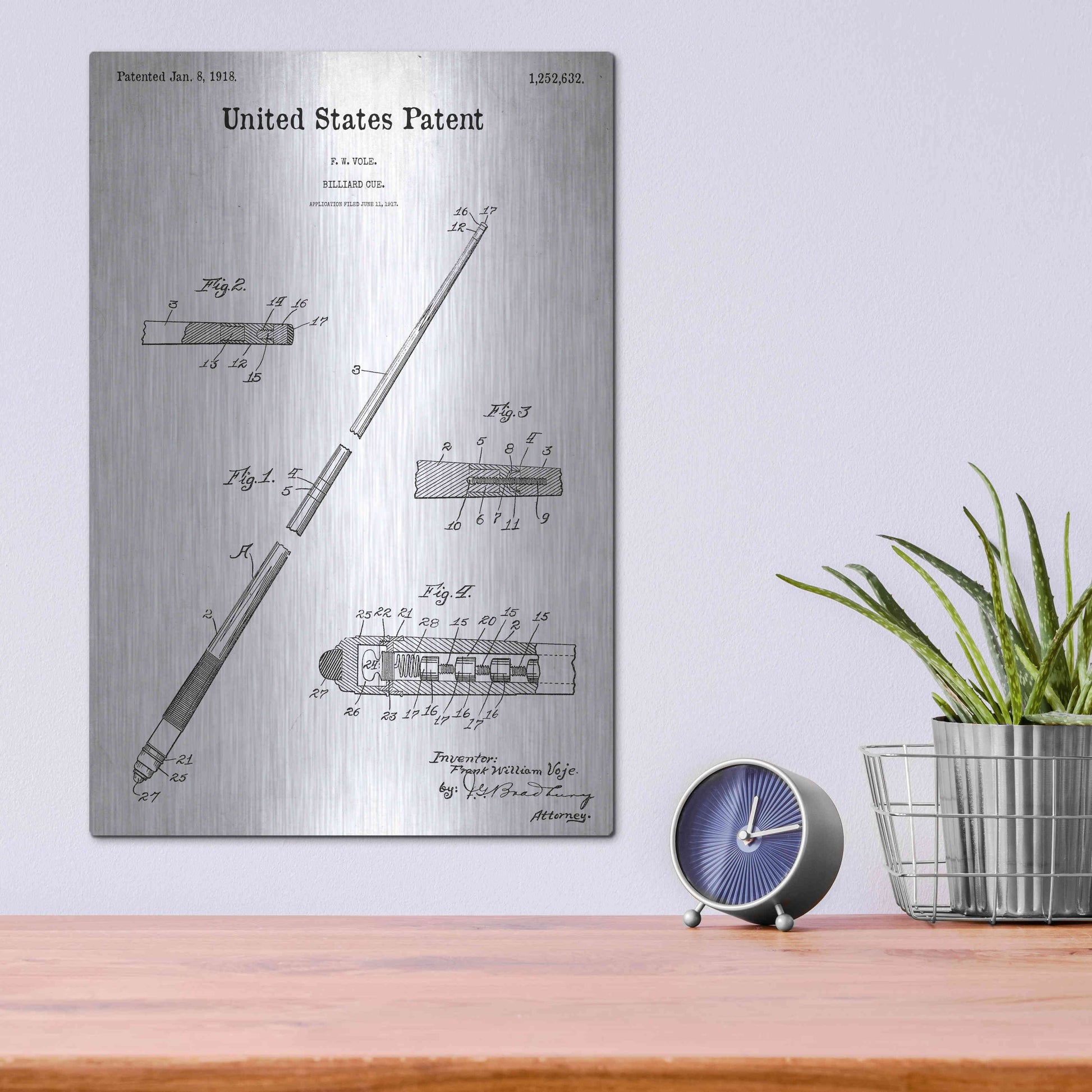 Luxe Metal Art 'Billard Cue Blueprint Patent White' Acrylic Glass Wall Art,12x16