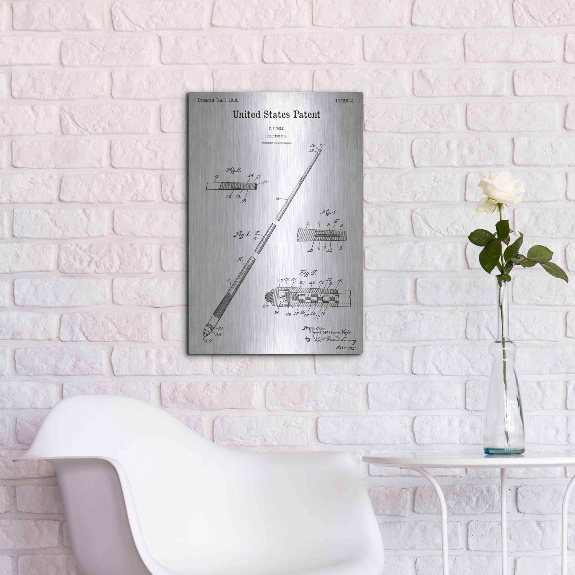 Luxe Metal Art 'Billard Cue Blueprint Patent White' Acrylic Glass Wall Art,16x24