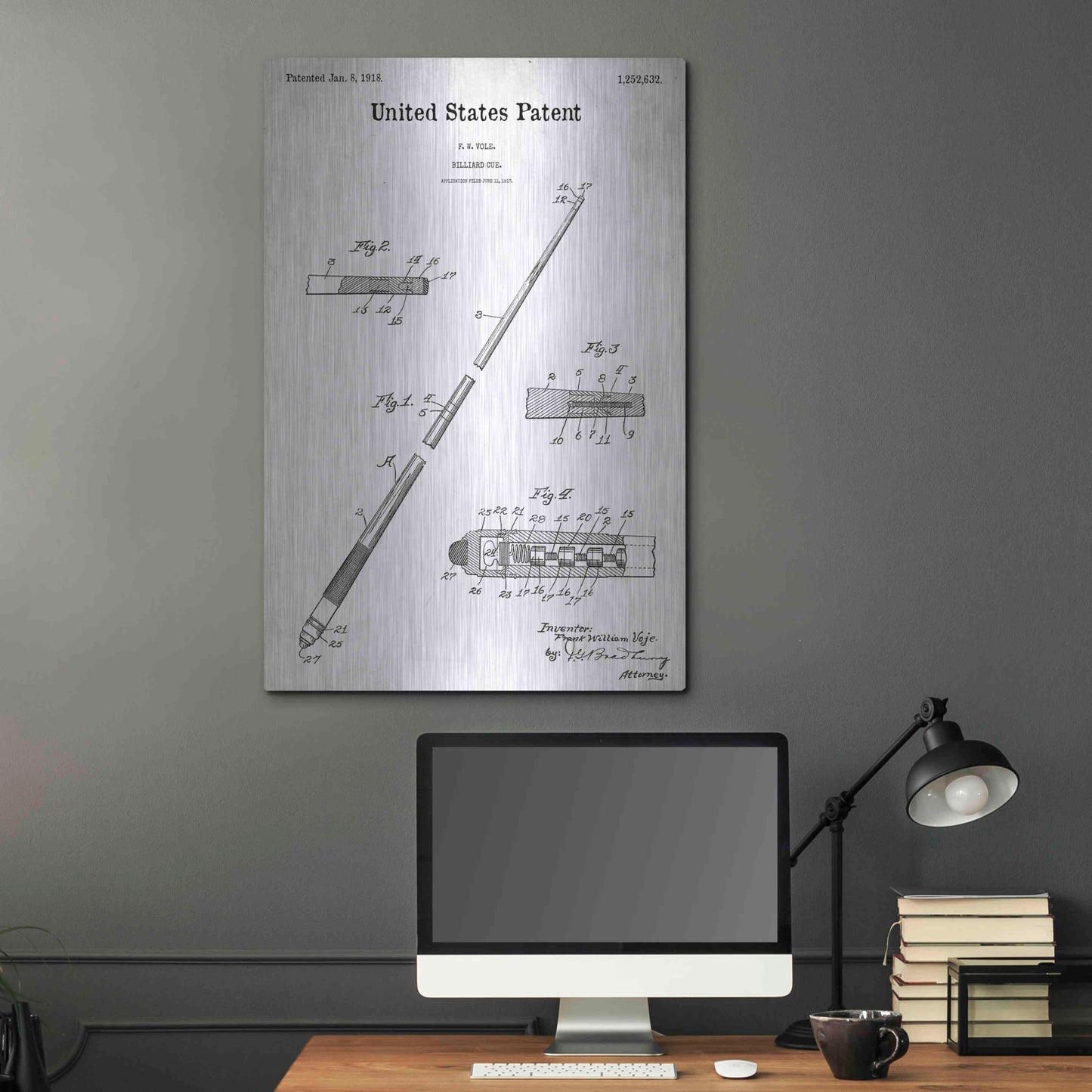 Luxe Metal Art 'Billard Cue Blueprint Patent White' Acrylic Glass Wall Art,24x36