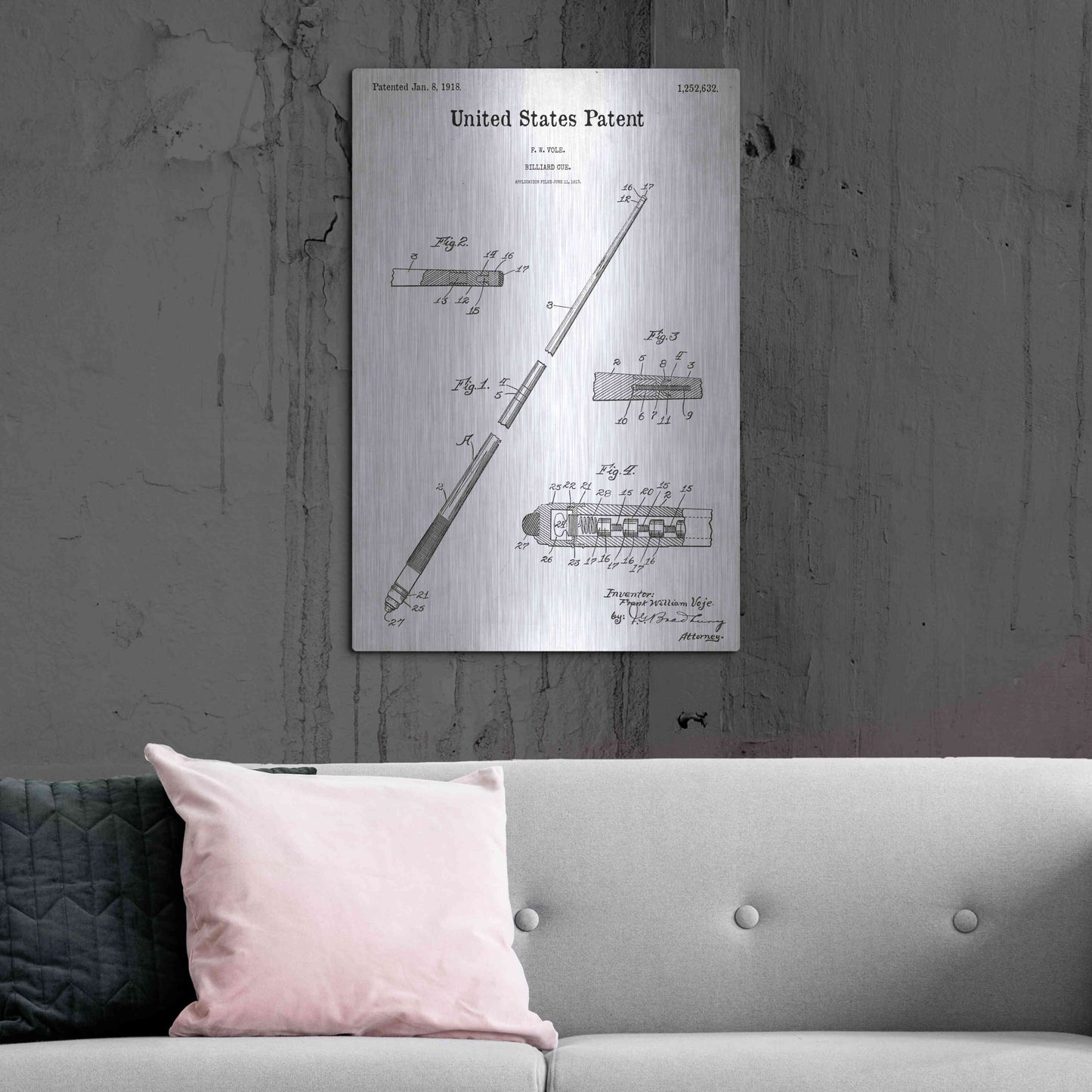 Luxe Metal Art 'Billard Cue Blueprint Patent White' Acrylic Glass Wall Art,24x36