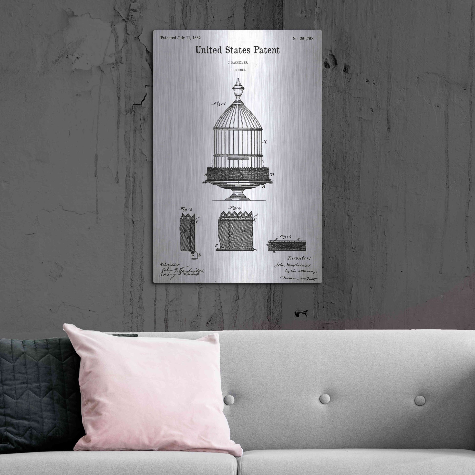 Luxe Metal Art 'Bird Cage Blueprint Patent White' Acrylic Glass Wall Art,24x36