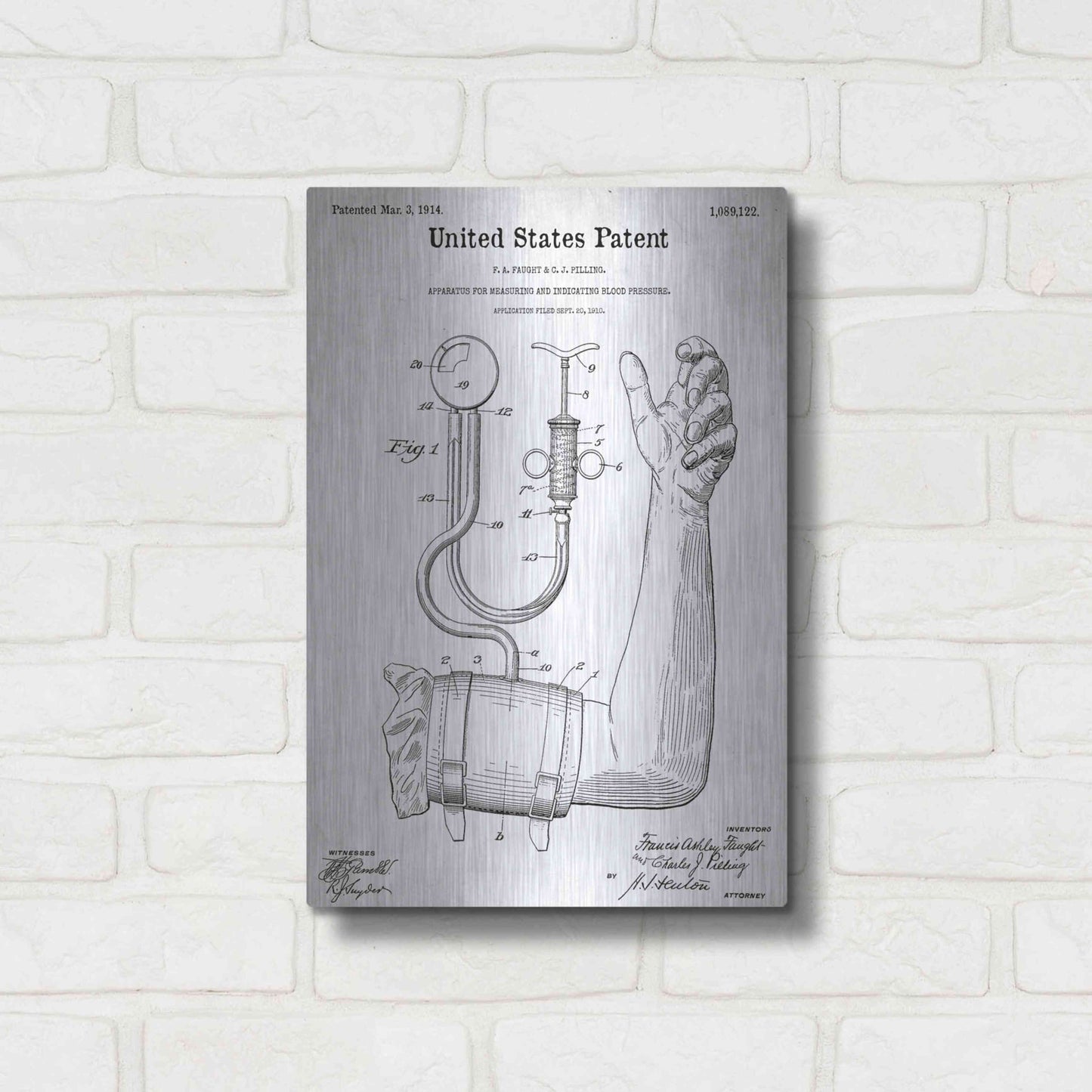 Luxe Metal Art 'Blood Pressure Pump Blueprint Patent White' Acrylic Glass Wall Art,12x16