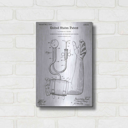 Luxe Metal Art 'Blood Pressure Pump Blueprint Patent White' Acrylic Glass Wall Art,12x16