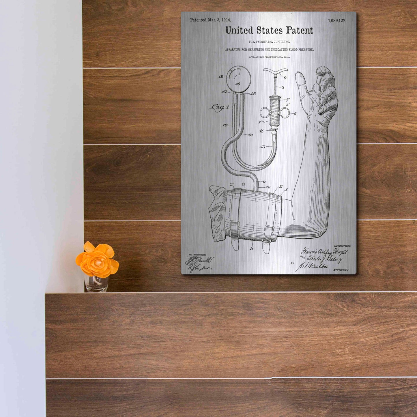 Luxe Metal Art 'Blood Pressure Pump Blueprint Patent White' Acrylic Glass Wall Art,12x16