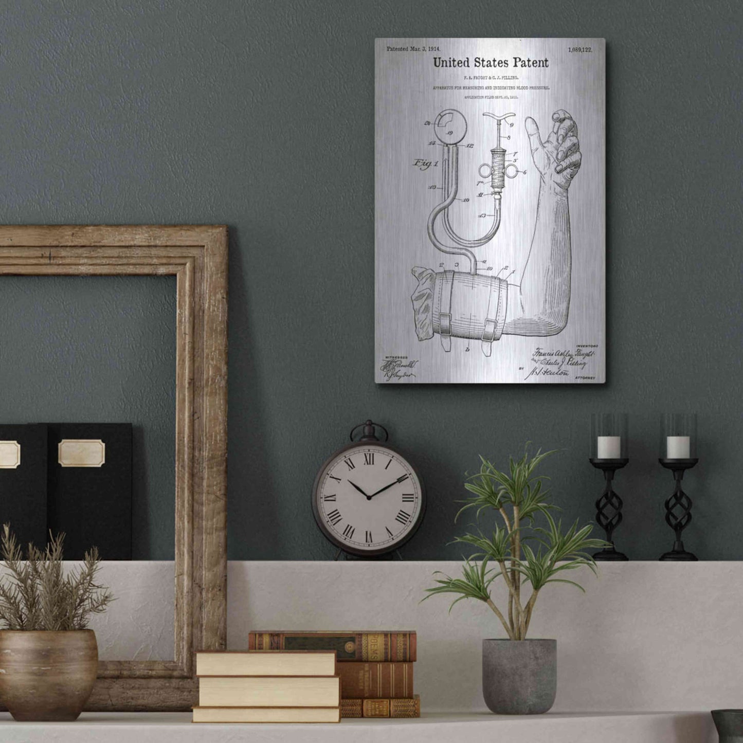 Luxe Metal Art 'Blood Pressure Pump Blueprint Patent White' Acrylic Glass Wall Art,12x16