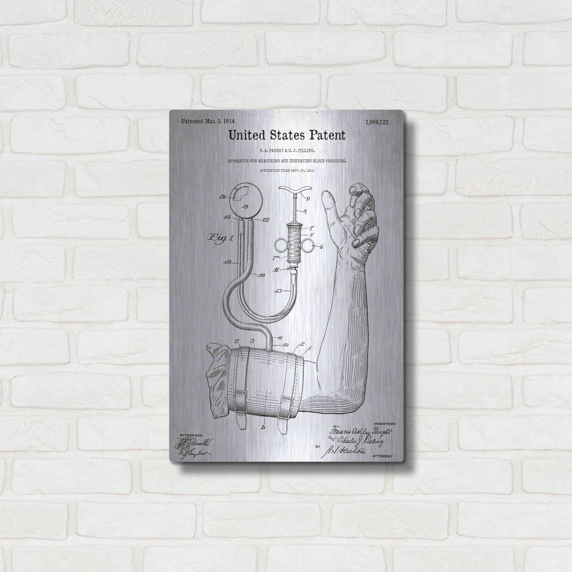 Luxe Metal Art 'Blood Pressure Pump Blueprint Patent White' Acrylic Glass Wall Art,16x24