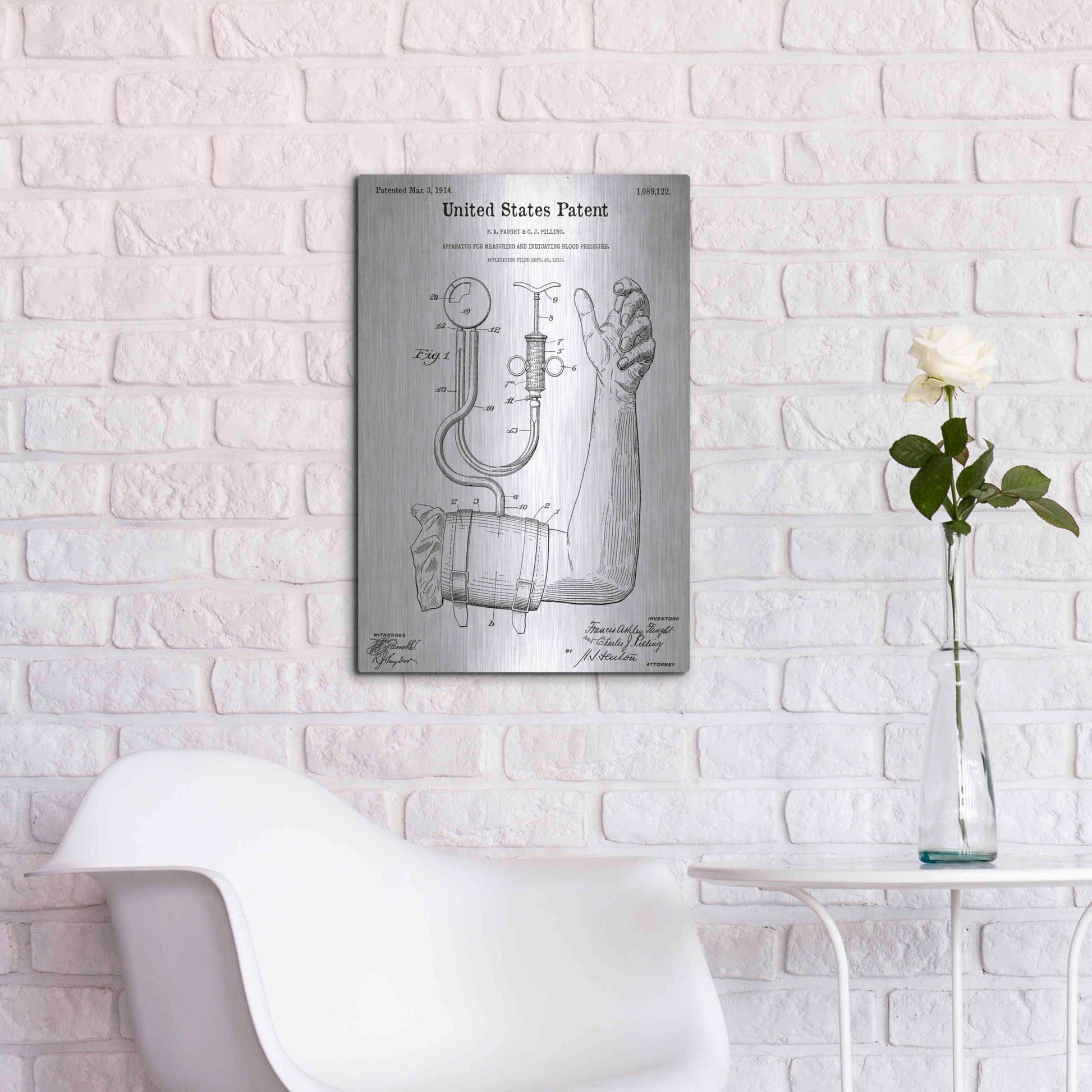 Luxe Metal Art 'Blood Pressure Pump Blueprint Patent White' Acrylic Glass Wall Art,16x24