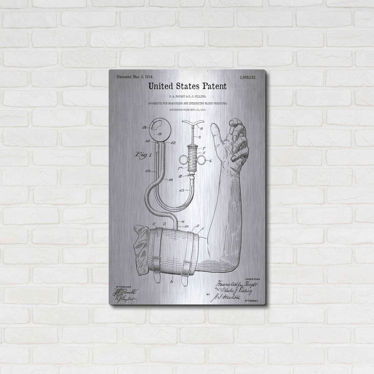 Luxe Metal Art 'Blood Pressure Pump Blueprint Patent White' Acrylic Glass Wall Art,24x36