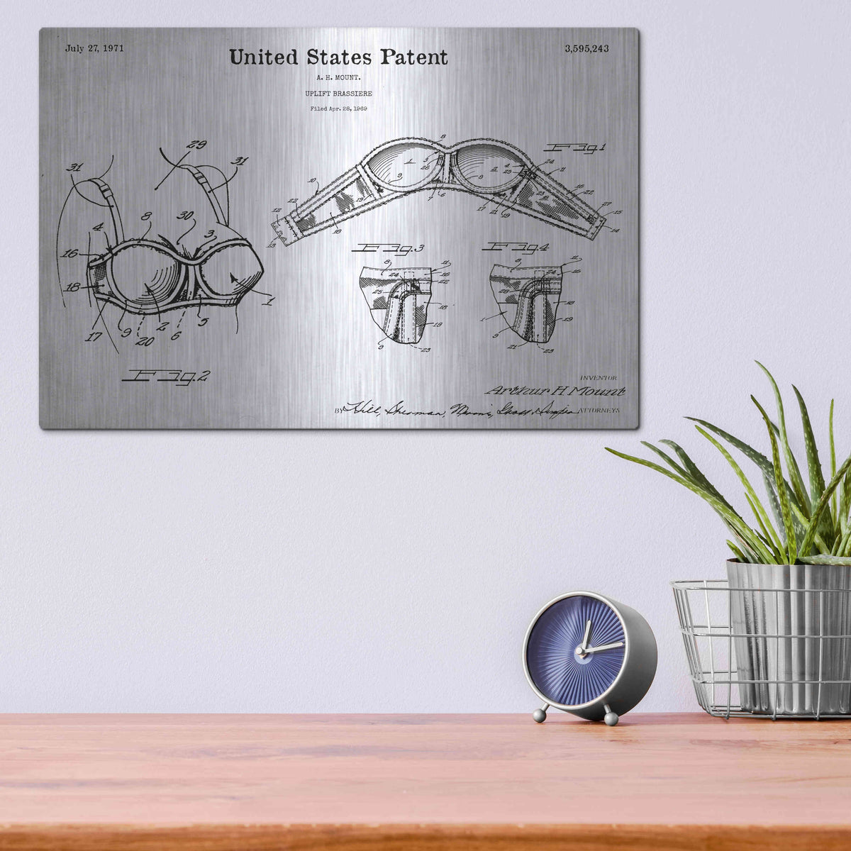 Luxe Metal Art 'Push-up Bra Blueprint Patent White' Metal Wall Art,16x12