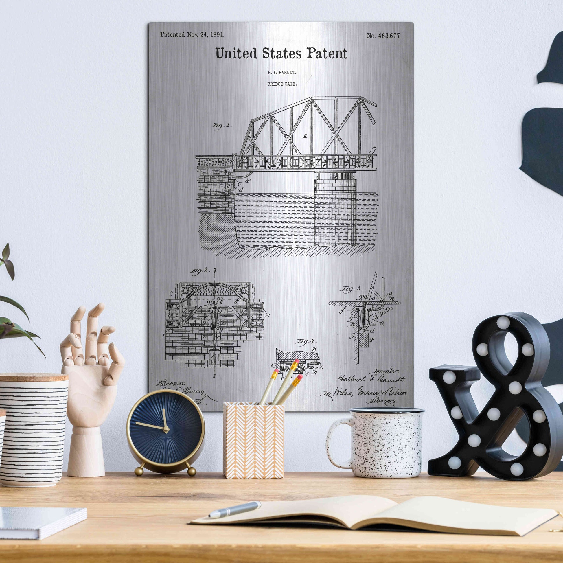 Luxe Metal Art 'Bridge Gate Blueprint Patent White' Acrylic Glass Wall Art,12x16