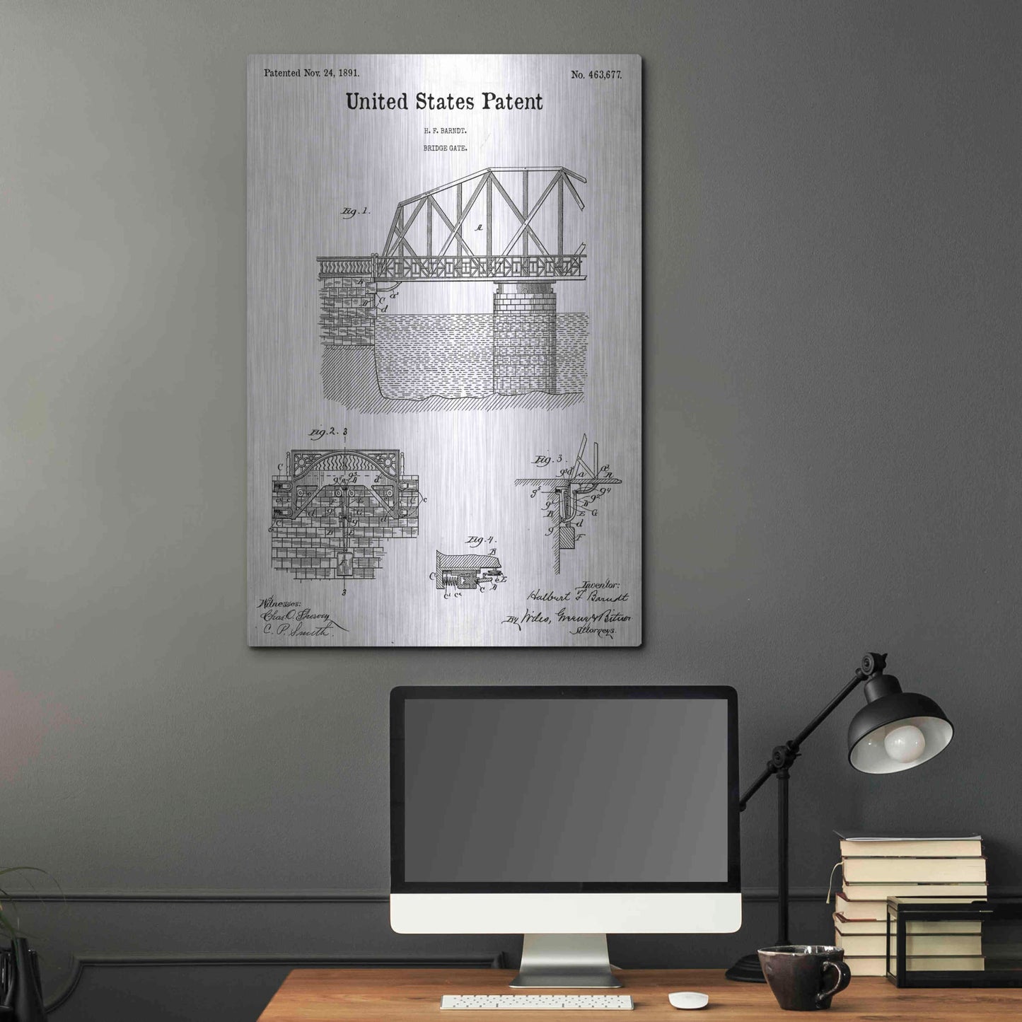 Luxe Metal Art 'Bridge Gate Blueprint Patent White' Acrylic Glass Wall Art,24x36