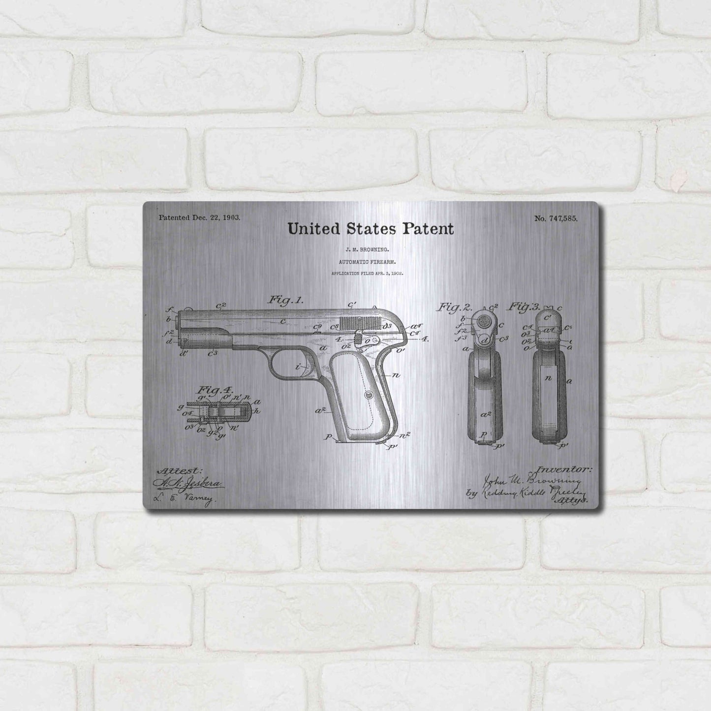 Luxe Metal Art 'Pistol Blueprint Patent White' Acrylic Glass Wall Art,16x12