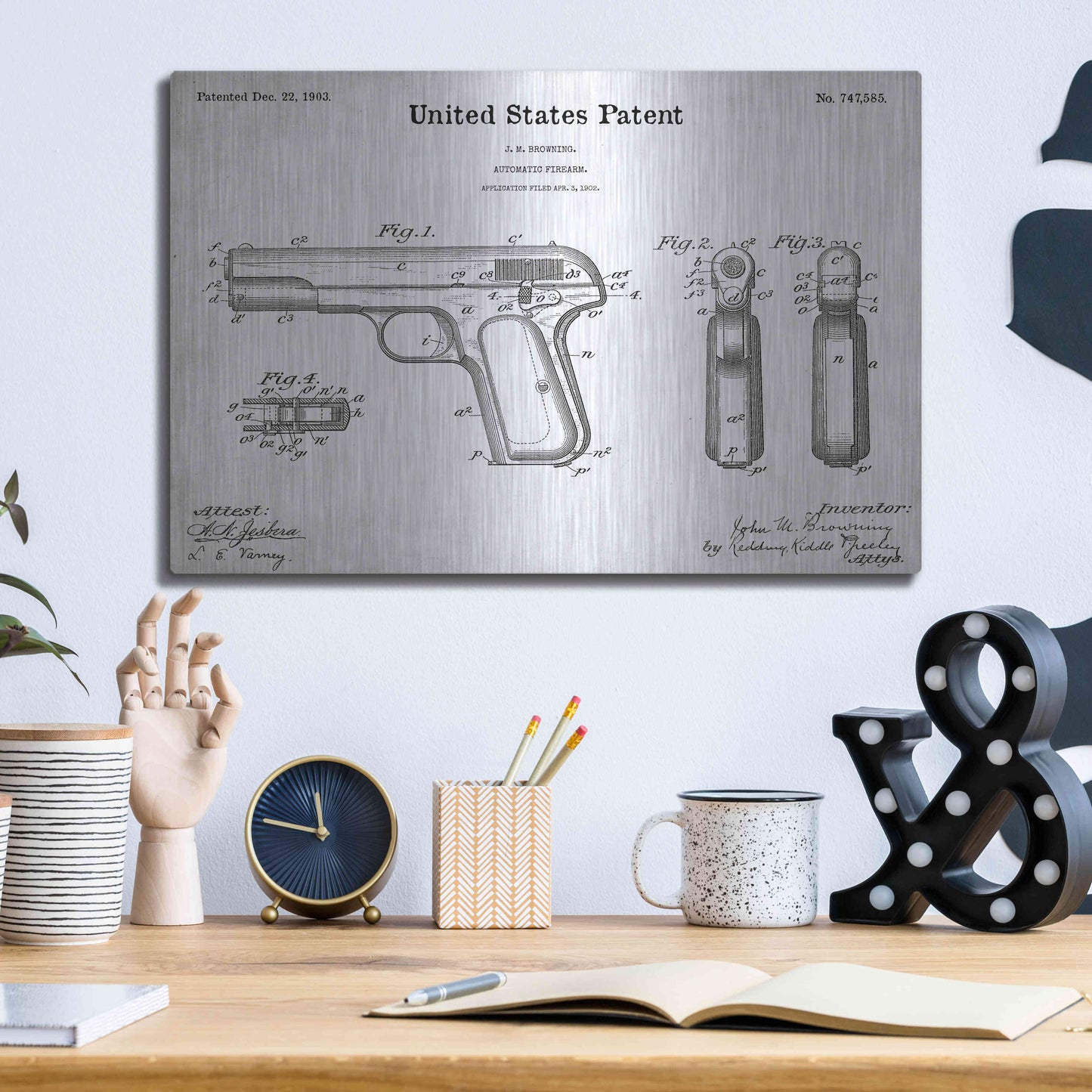 Luxe Metal Art 'Pistol Blueprint Patent White' Acrylic Glass Wall Art,16x12