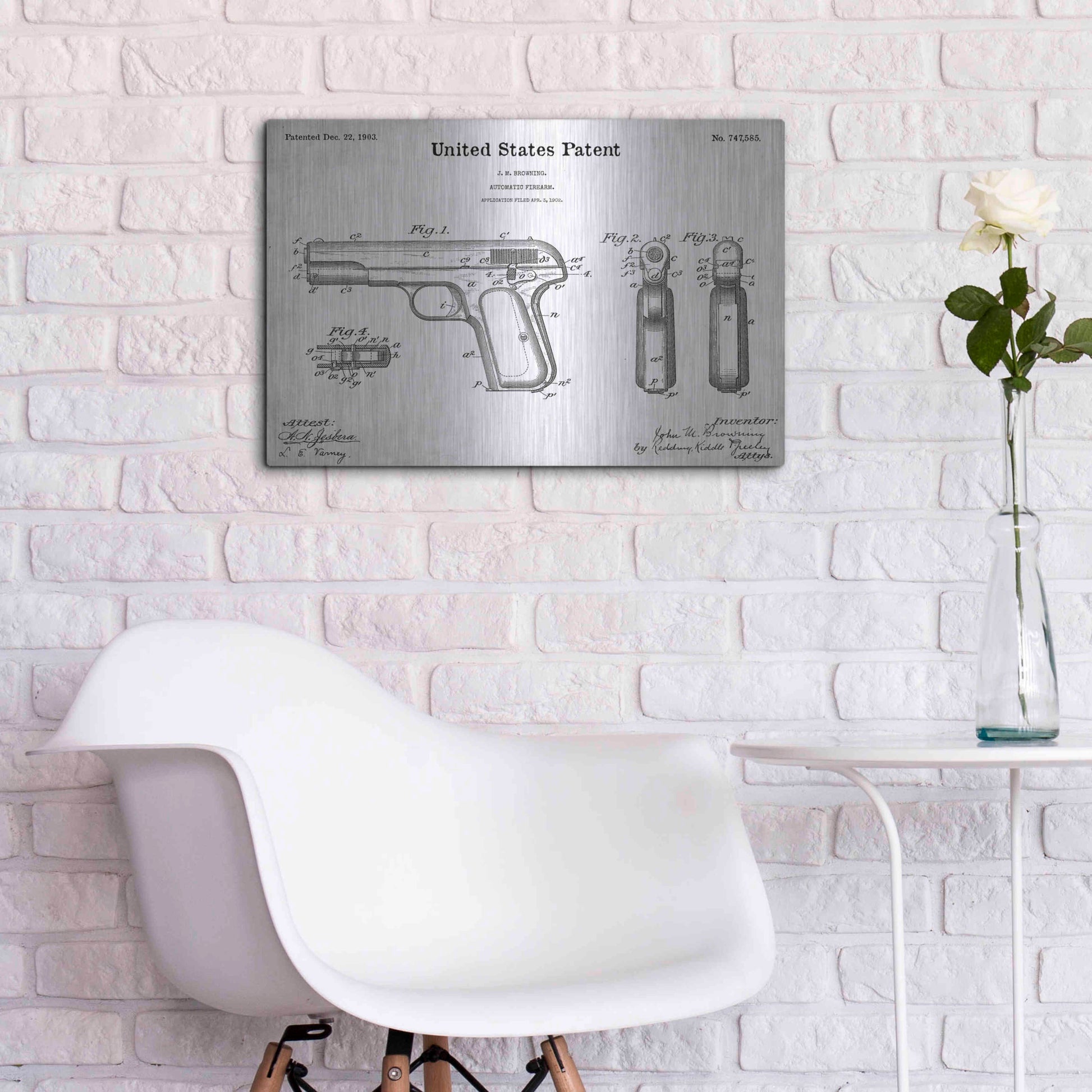 Luxe Metal Art 'Pistol Blueprint Patent White' Acrylic Glass Wall Art,24x16