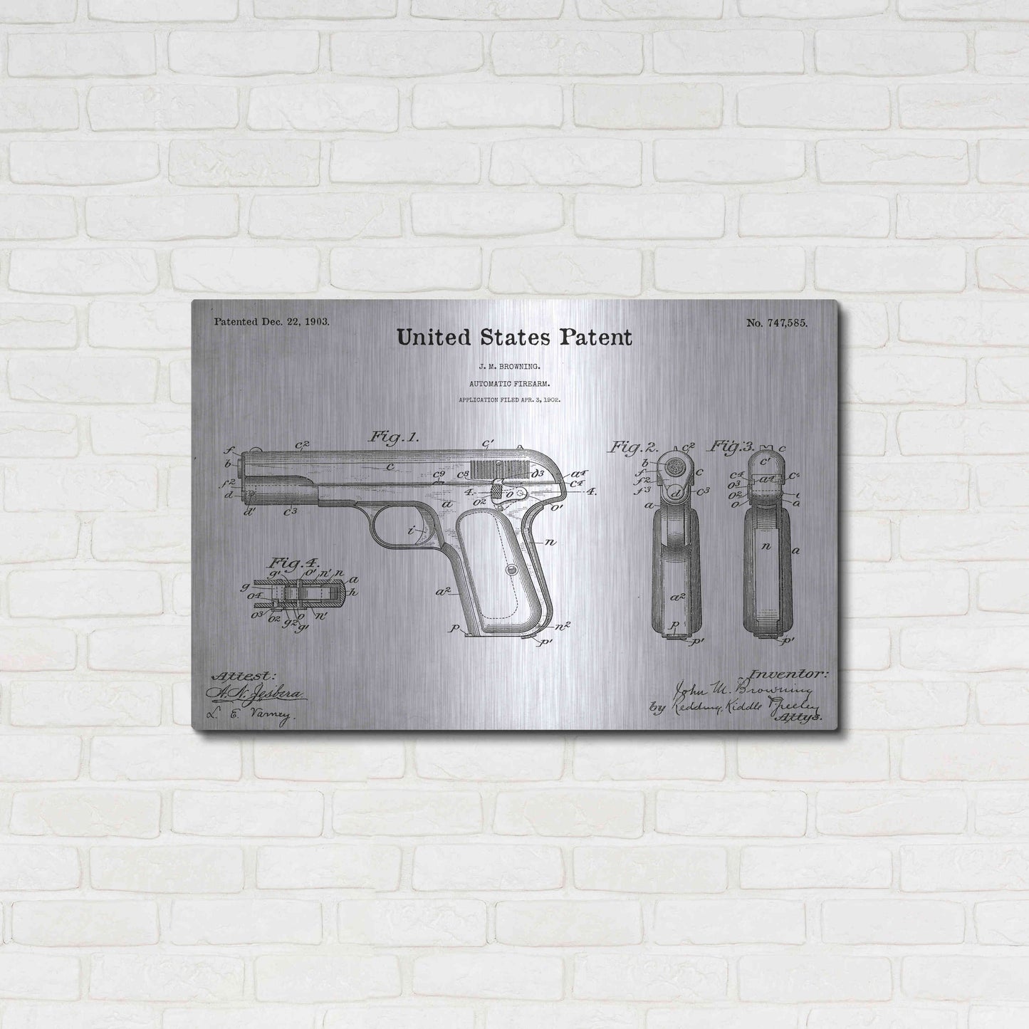 Luxe Metal Art 'Pistol Blueprint Patent White' Acrylic Glass Wall Art,36x24