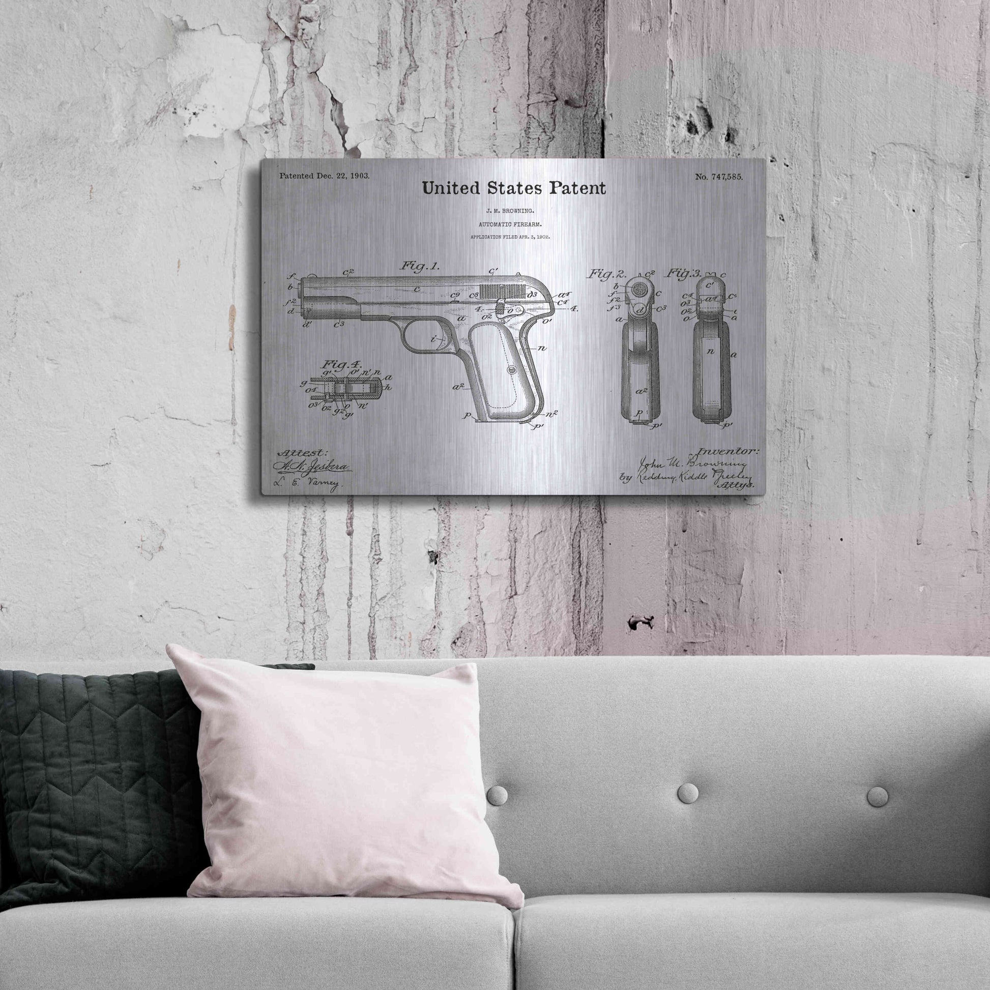 Luxe Metal Art 'Pistol Blueprint Patent White' Acrylic Glass Wall Art,36x24