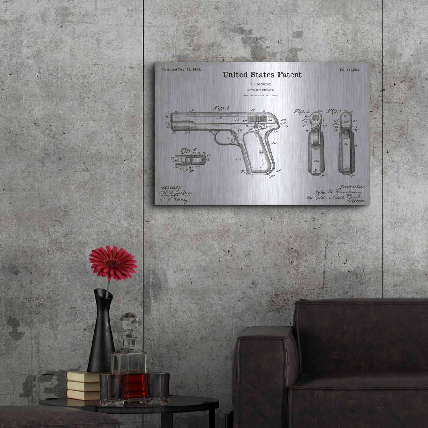 Luxe Metal Art 'Pistol Blueprint Patent White' Acrylic Glass Wall Art,36x24