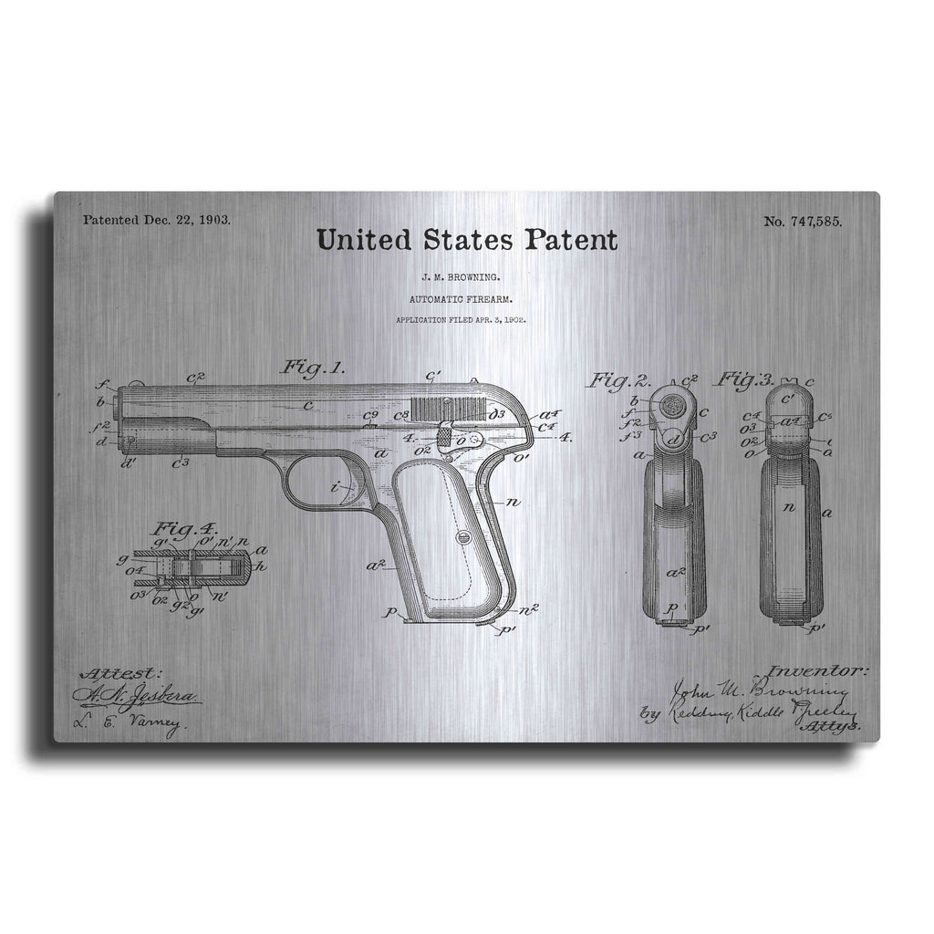 Luxe Metal Art 'Pistol Blueprint Patent White' Metal Wall Art