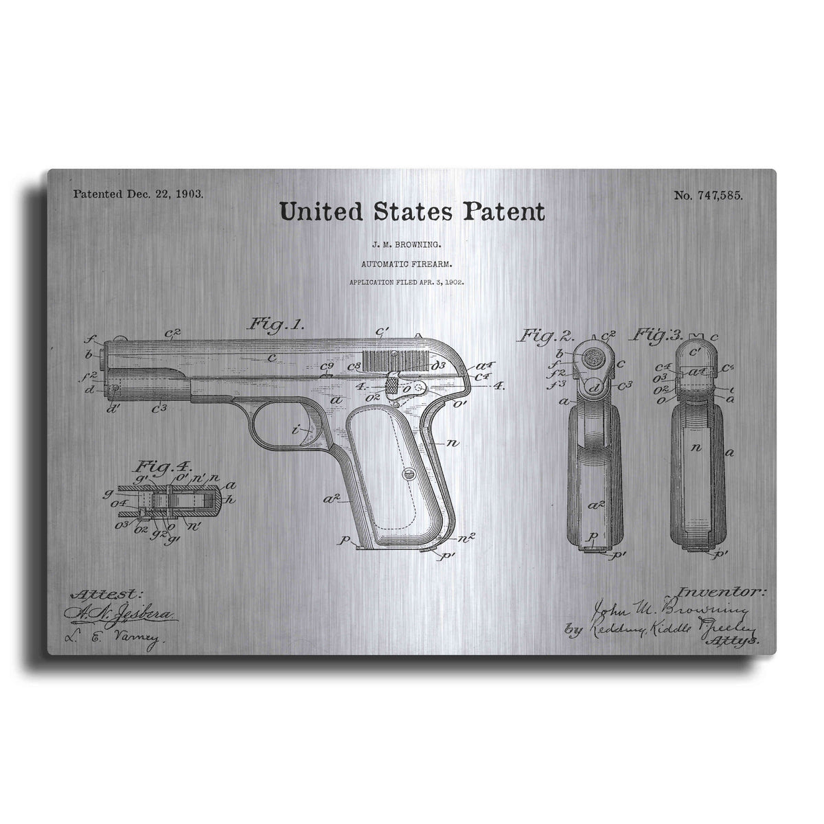 Luxe Metal Art 'Pistol Blueprint Patent White' Metal Wall Art