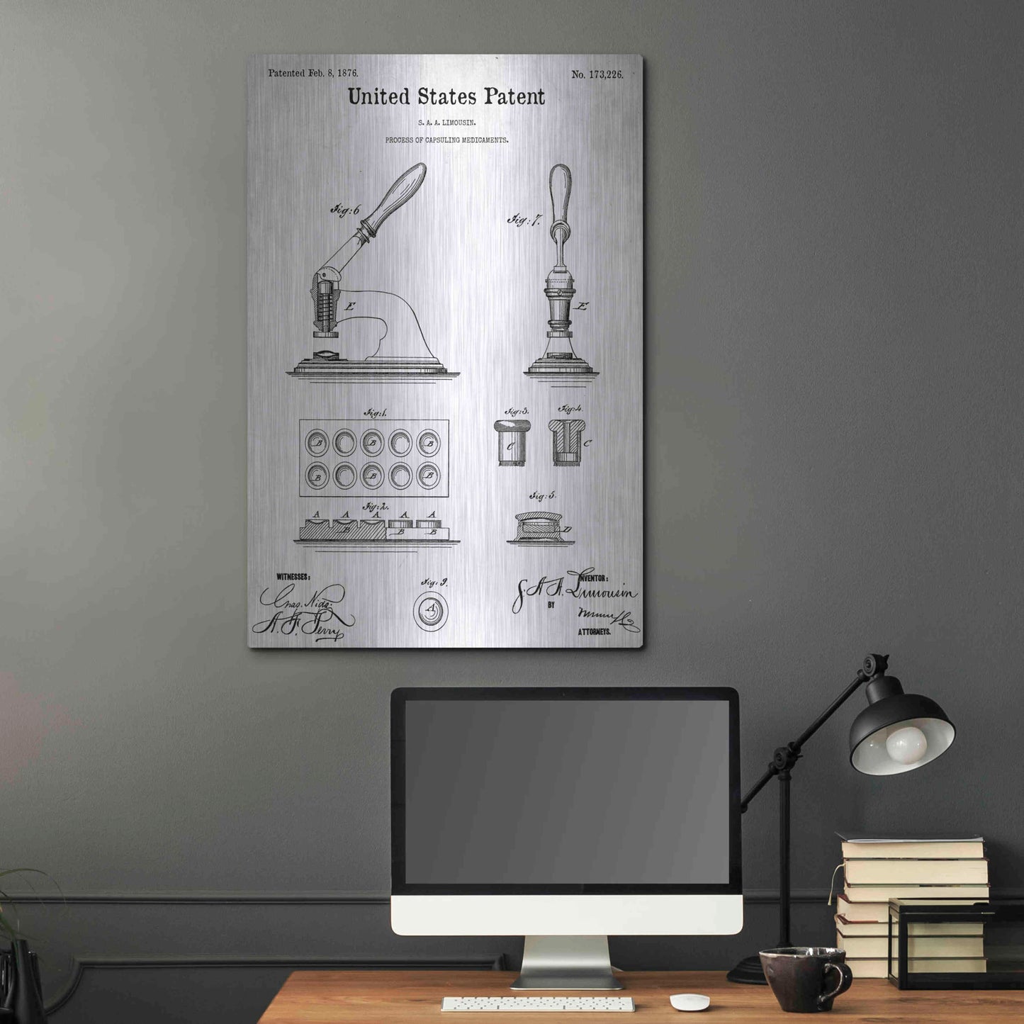 Luxe Metal Art 'Capsuling Medicine Blueprint Patent White' Acrylic Glass Wall Art,24x36