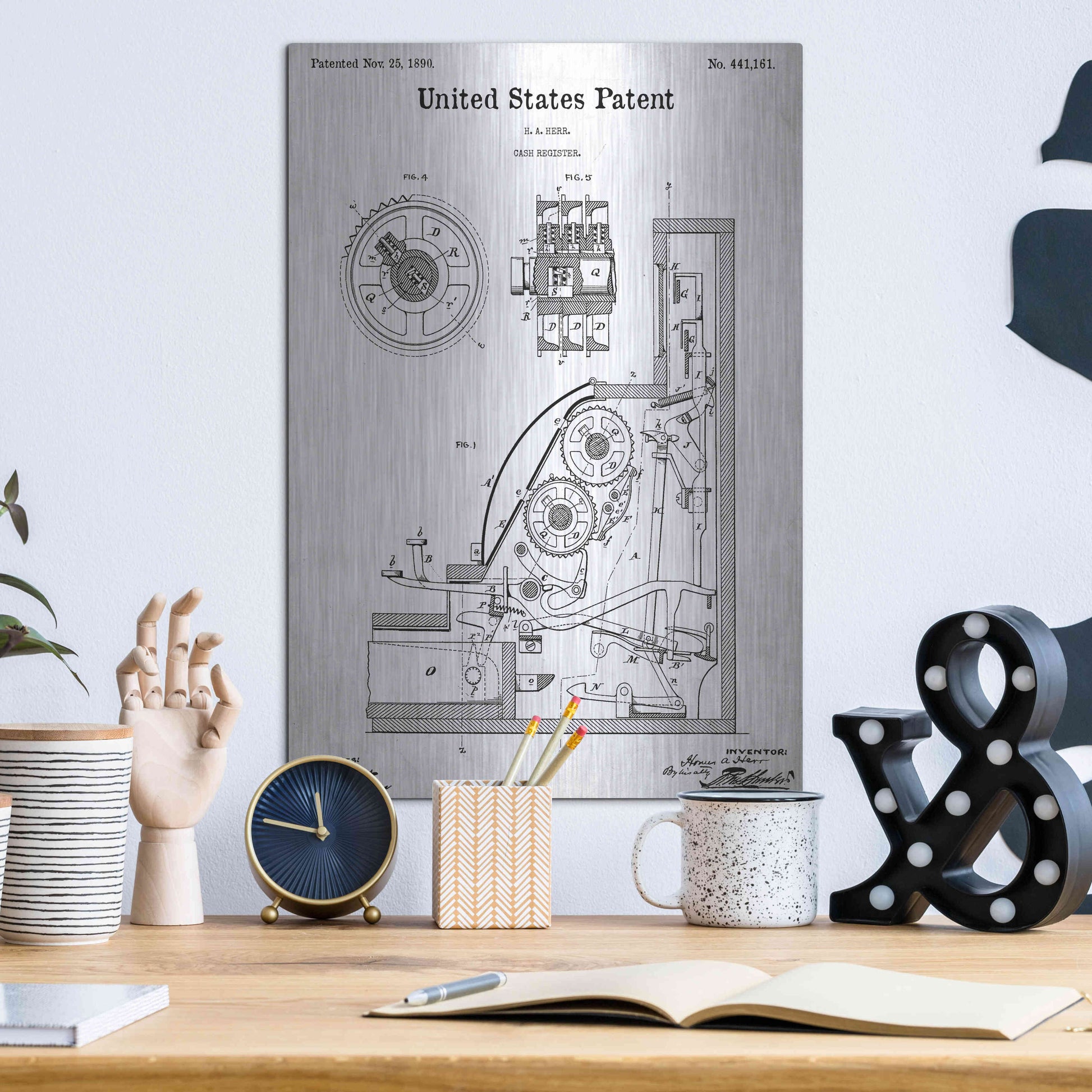 Luxe Metal Art 'Cash Register Blueprint Patent White' Acrylic Glass Wall Art,12x16