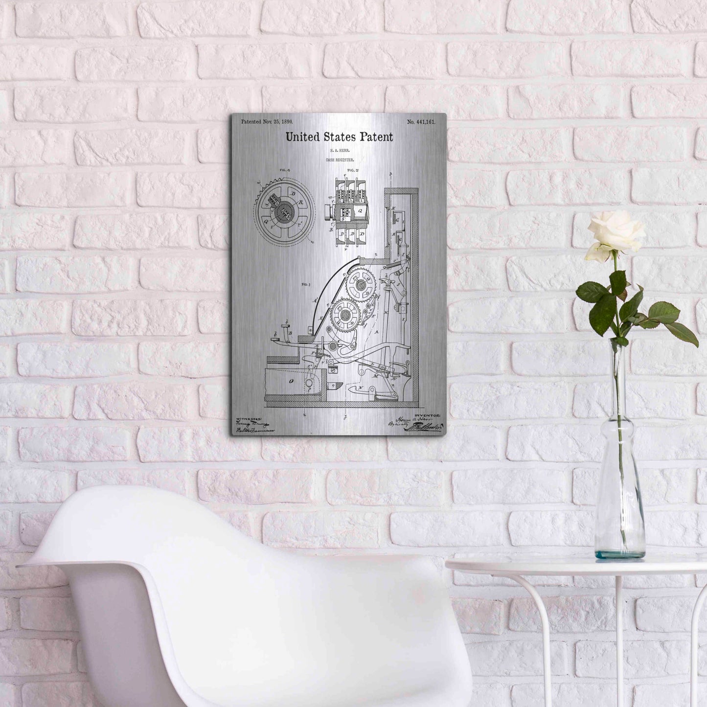 Luxe Metal Art 'Cash Register Blueprint Patent White' Acrylic Glass Wall Art,16x24