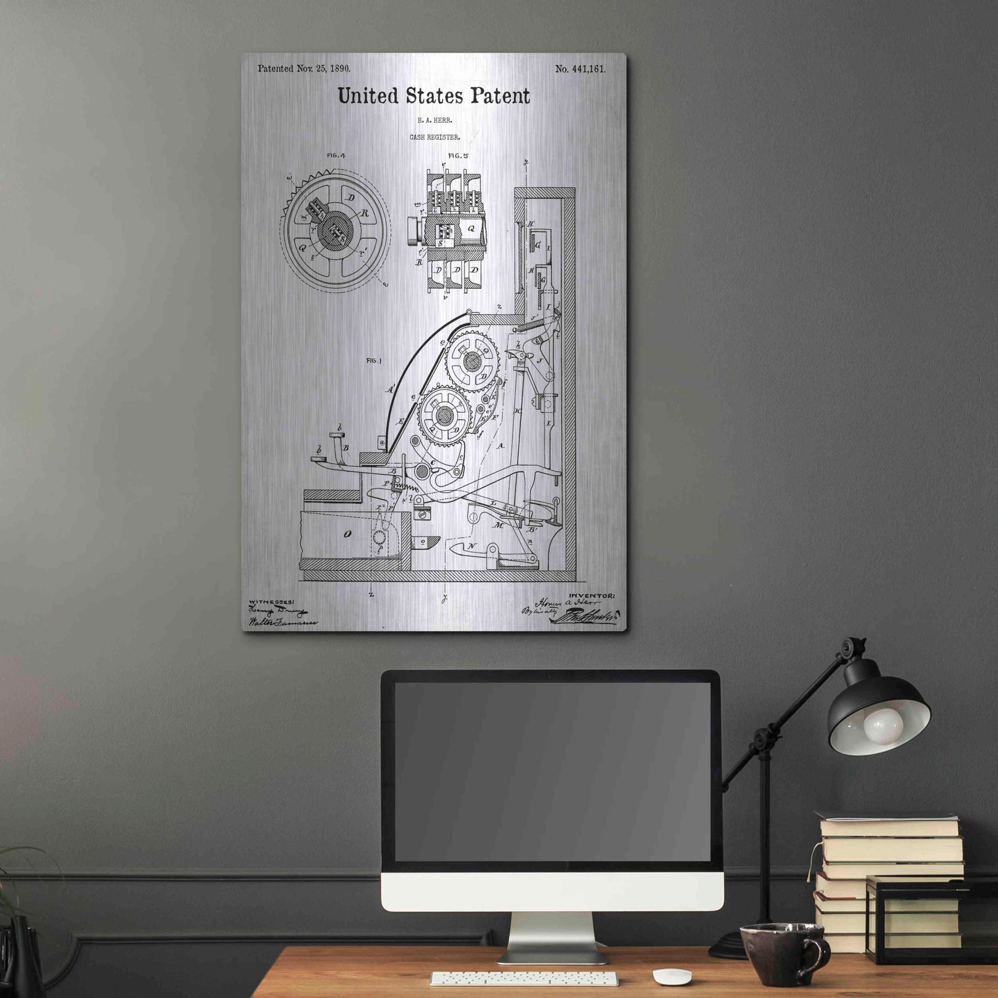 Luxe Metal Art 'Cash Register Blueprint Patent White' Acrylic Glass Wall Art,24x36