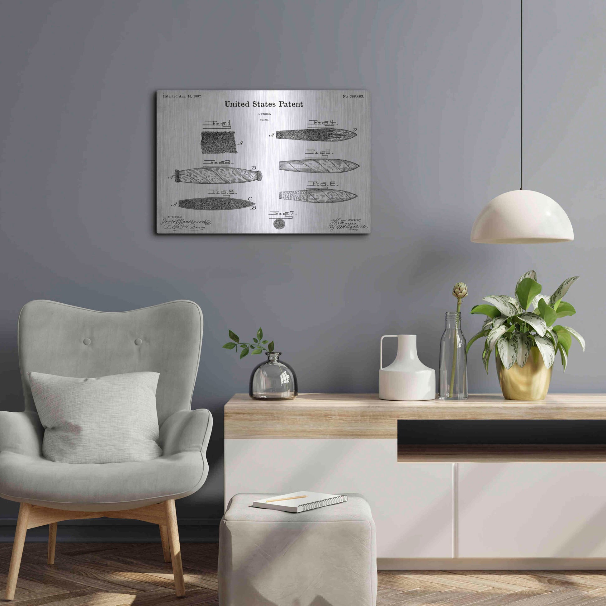 Luxe Metal Art 'Cigar Blueprint Patent White' Acrylic Glass Wall Art,24x16