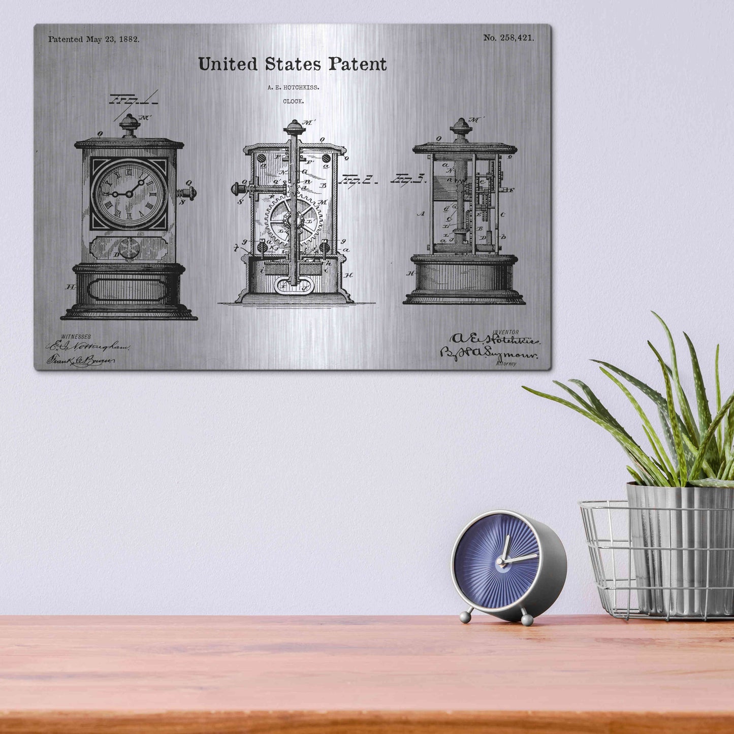 Luxe Metal Art 'Clock Blueprint Patent White' Acrylic Glass Wall Art,16x12