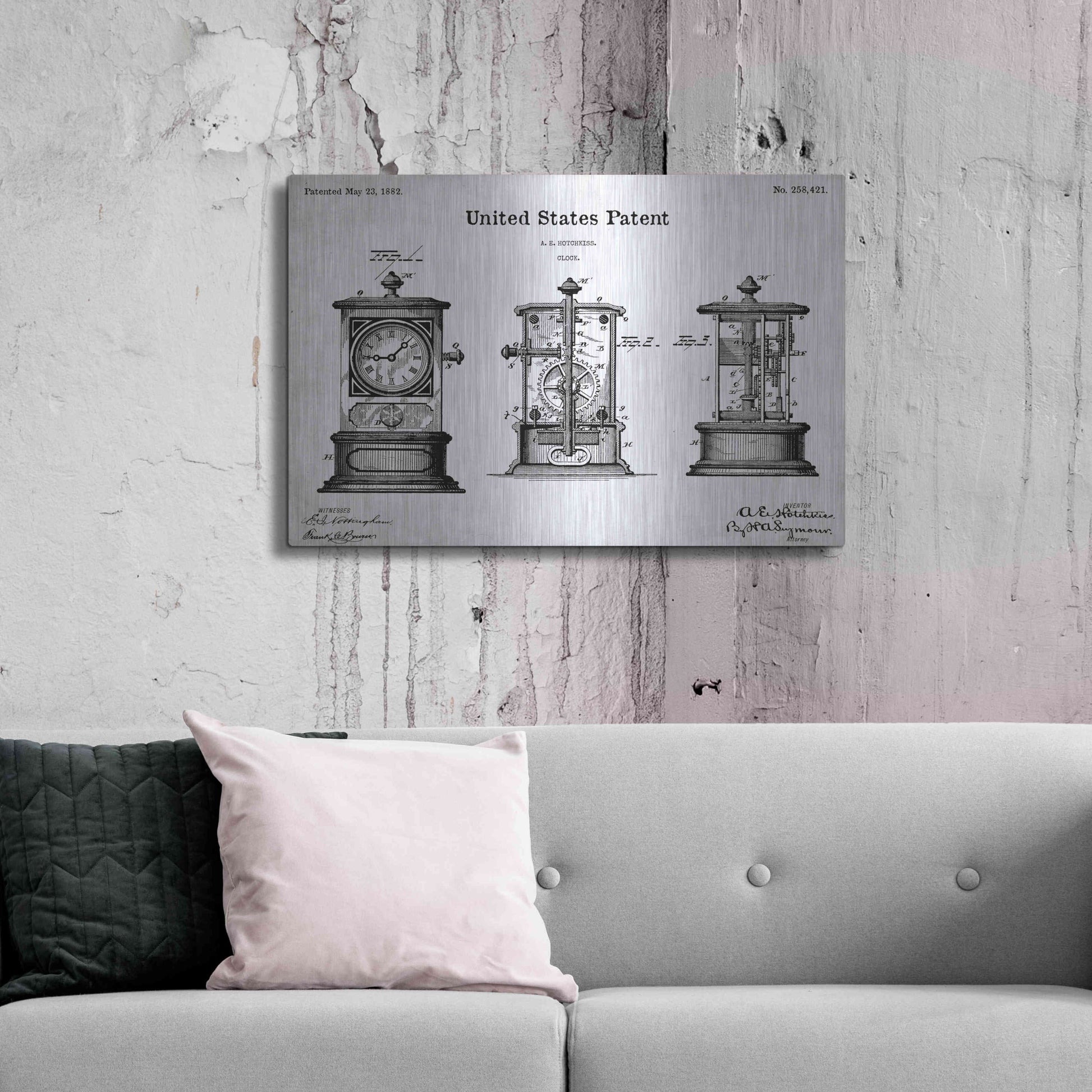 Luxe Metal Art 'Clock Blueprint Patent White' Acrylic Glass Wall Art,36x24