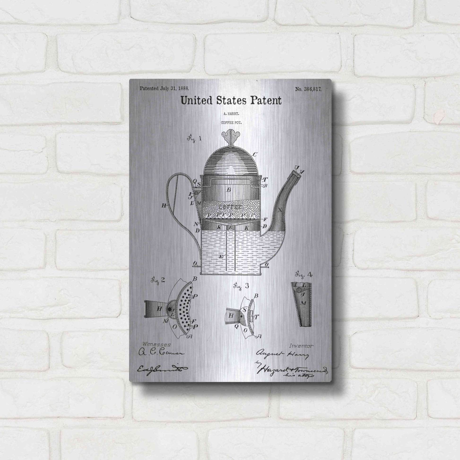 Luxe Metal Art 'Coffee Pot Blueprint Patent White' Acrylic Glass Wall Art,12x16