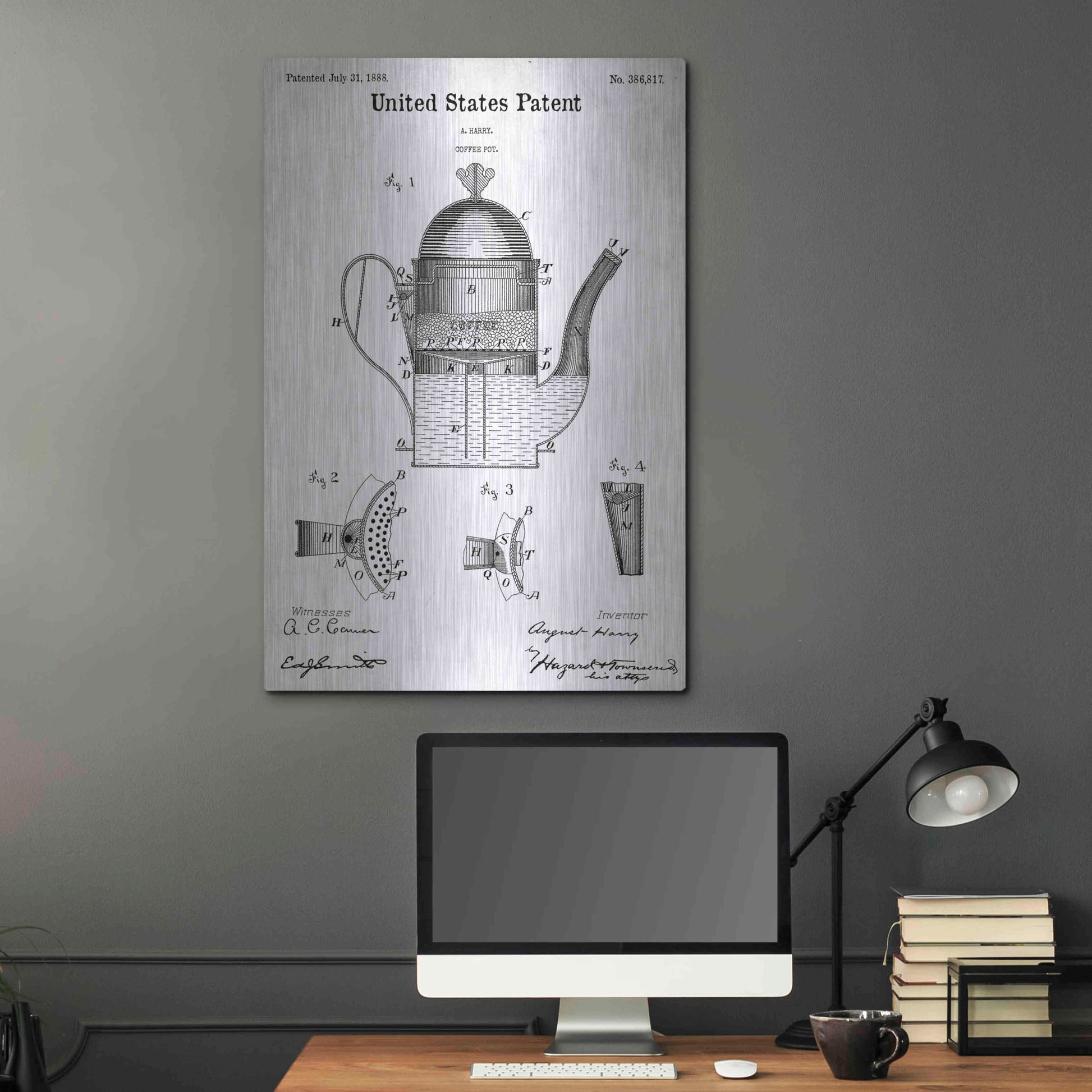 Luxe Metal Art 'Coffee Pot Blueprint Patent White' Acrylic Glass Wall Art,24x36